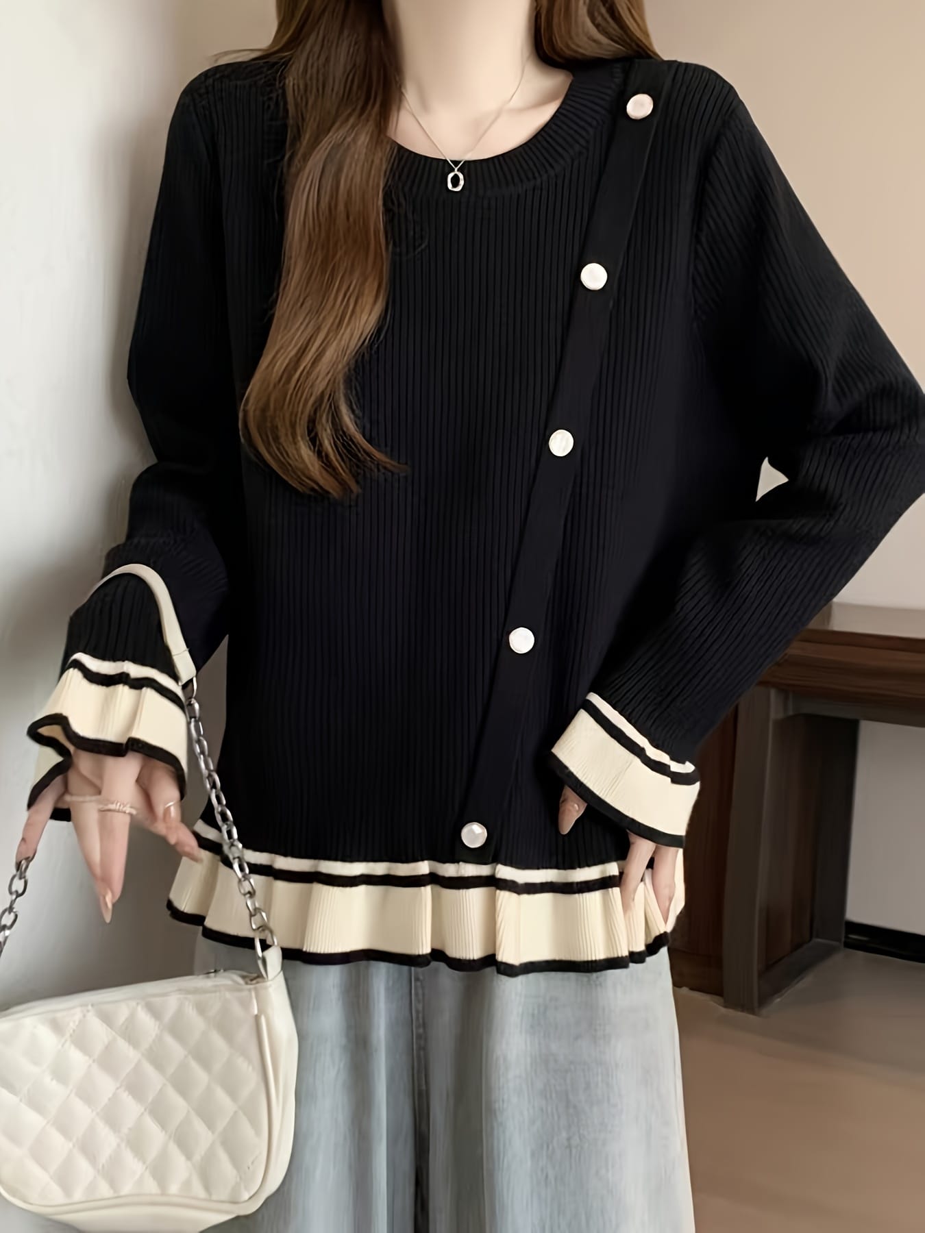 【今日このごろ押さえる、超買得30％OFF引き換え証、2度潮どき皆無】【色彩設計ひな形】 リブニット レディース トップス カットソー 長袖 裾フラウンス 袖フラウンス 労働者の一団のど首 丸首 ティーシャツ 名取り草 表着 バイ色つや 体型取りまかなう 着痩せ 細見せかけ 割れ易い見せかけ