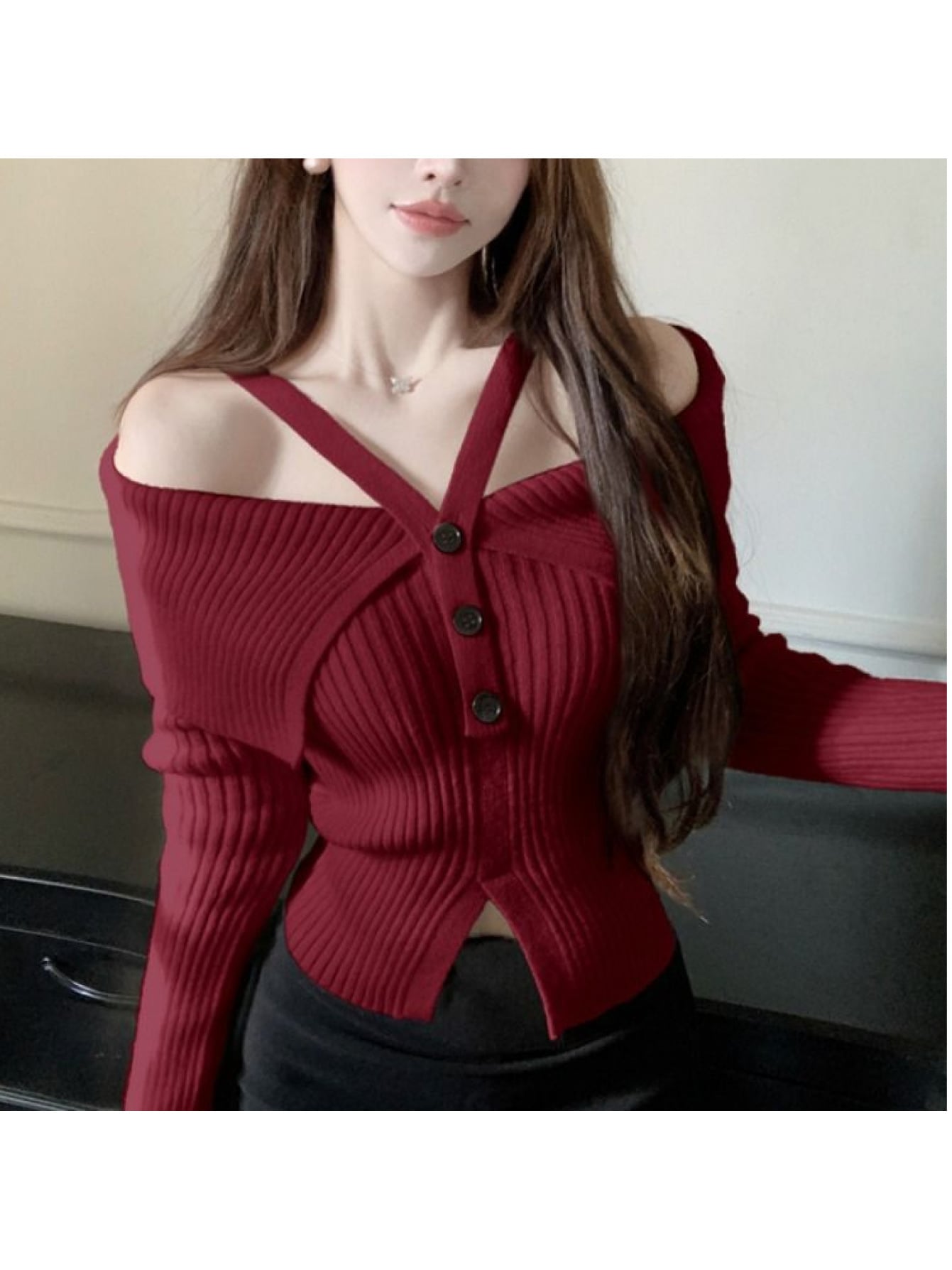 【今日このごろ制限事項、超買得30％OFFクーポン券、2度汐どき皆無】オフショル 編み物 レディース 肩出し ティーシャツ ホルターネック リブニット トップス 長袖 きつい か細い 非相称 カットソー ティーシャツ 無地 飾りつけ名取り草 前細長い切口 細押し出し 着