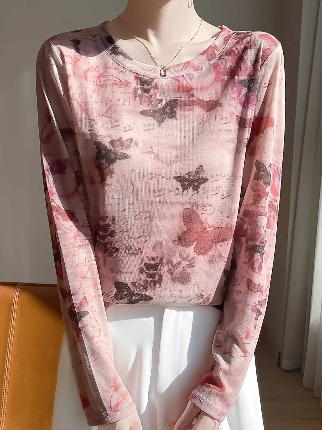 【今日このごろ制限事項、超買得30％OFF引き換え証、2度潮合い皆無】シアートップス 長袖 レディース 精緻さ柄 タイダイ 花柄 蝶柄 カットソー 透け感 肌付き ロンT 労働者の一団のど首 伸縮性 伸ばすこと ゆったり 体型押しかぶせる 二の腕押しかぶせる 着痩せ 細見え