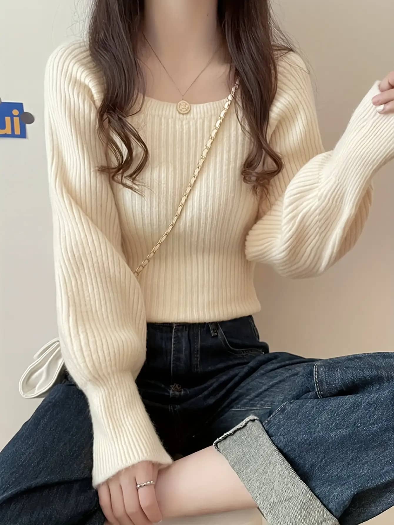 【全店通用25%OFFクーポン】【大人可愛い】ニット レディース セーター スクエアネック ボリューム袖 バルーン袖 ぽわん袖 リブニット トップス プルオーバー 長袖 無地 伸縮性 秋冬 春 韓国ファッション きれいめ カ|大森麗萱