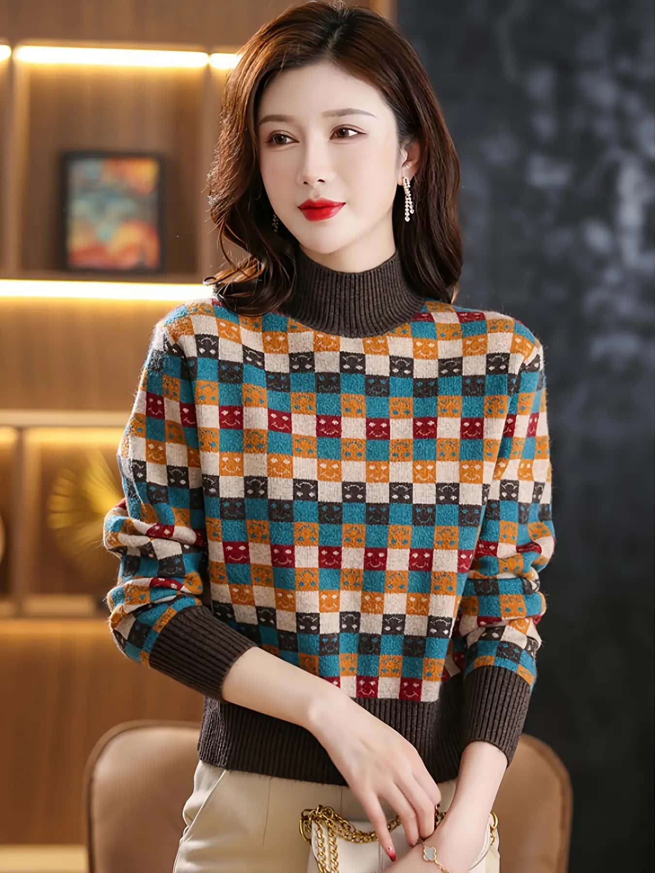 【全店通用25％OFFクーポン】【洗える】ニット セーター レディース ハイネック ボトルネック ブロックチェック 総柄 配色 トップス 長袖 ジャガード 柔らかい 厚手 防寒 暖かい 秋 冬 秋冬 20代 30代 40代｜大森麗萱