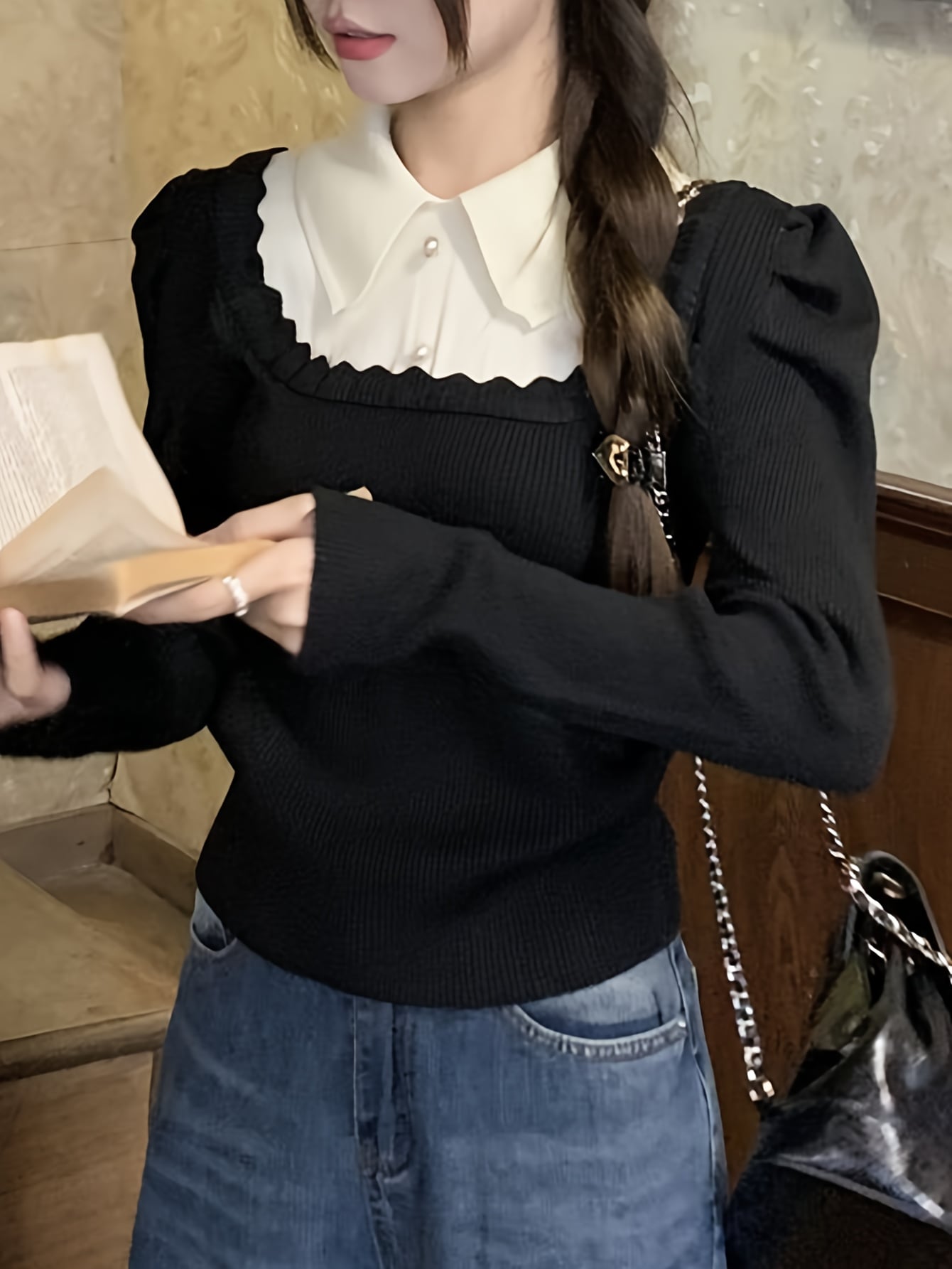 【今日このごろ押さえる、超買得30％OFF引き換え証、2度潮どき皆無】【花の冠yd風】 編み物 プルオーバー レディース 襟付き添い人 色彩設計 フェイクレイヤード 重ね着風 トップ トップス 長袖 リブニット 真四角のど首 パール 飾りつけ名取り草 異原料品 うつり変わり 伸縮性 掏摸