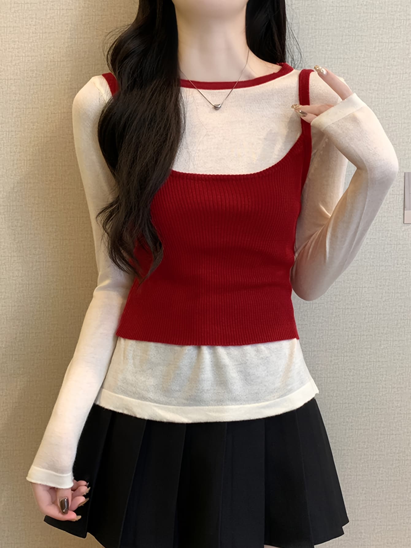 【今日このごろ押さえる、超買得30％OFF引き換え証、2度潮どき皆無】合奏団 編み物 レディース 2点書き割り プルオーバー 花の冠yd 重ね着 トップス キャミソール ビスチェ 労働者の一団のど首 丸首 長袖 下着類 リブニット か細い きつい 相応う 伸縮性