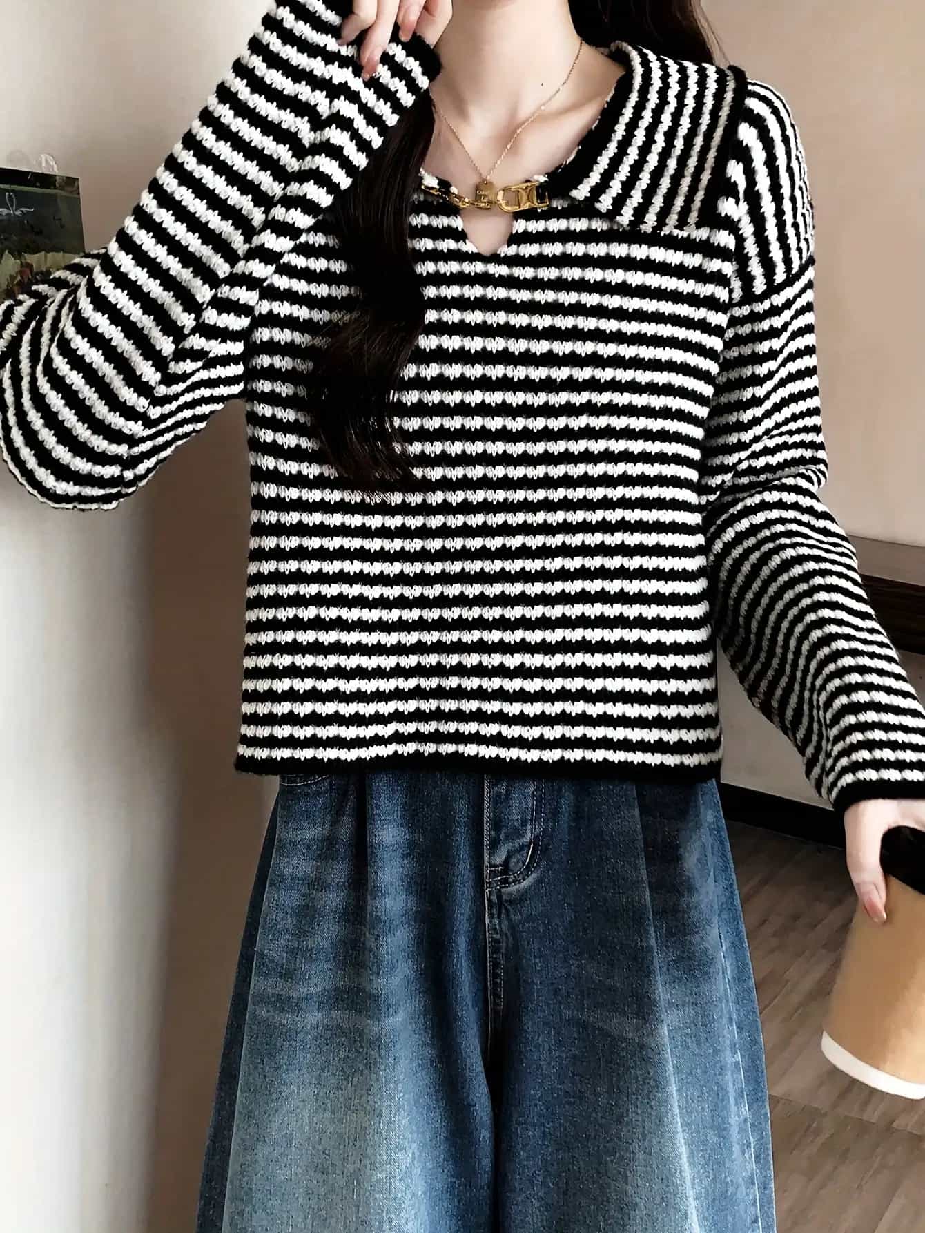 【今日このごろ押さえる、超買得30％OFF引き換え証、2度潮どき皆無】【旗がしら襟】 間借り人 編み物 プルオーバー レディース トップス 長袖 ポロ襟 Vのど首 ゆったり 大層らしい大きさ ビッグ影ぼうし ティーシャツ 襟付き添い人 カットソー 体型取りまかなう 着痩せ 二