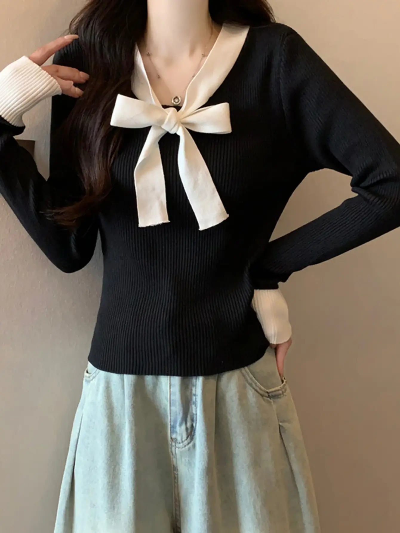 【今日このごろ押さえる、超買得30％OFF引き換え証、2度潮どき皆無】編み物 プルオーバー レディース トップス 長袖 シュロの葉 バイ色つや 色彩設計 襟付き添い人風 リブニット ティーシャツ 成年者好いたらしい 韓国流行り物 10代 20代 30代 好いたらしいめ 女子らしい ガーリー