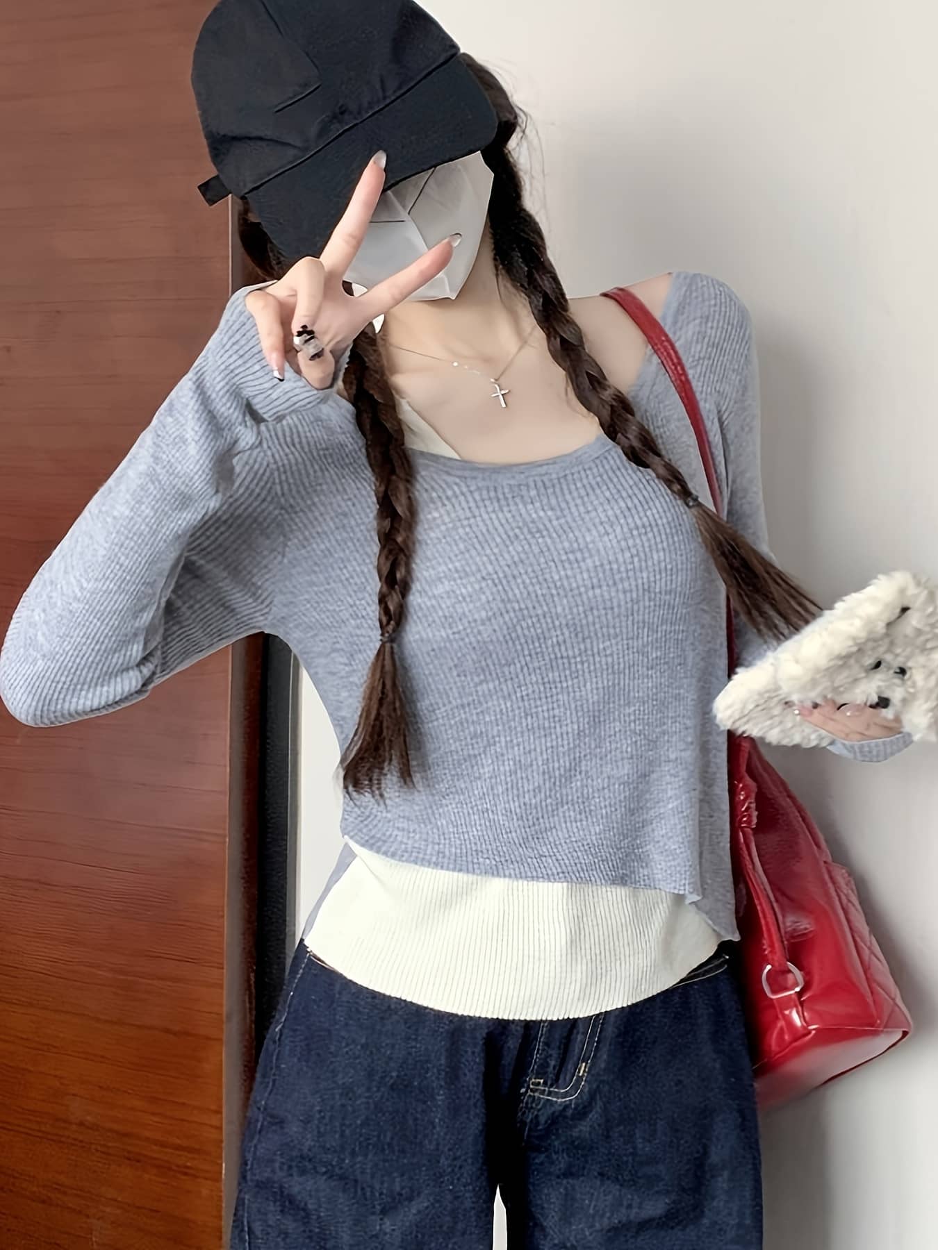 【今日このごろ押さえる、超買得30％OFF引き換え証、2度潮どき皆無】【花の冠yd風】編み物 トップス レディース 長袖 重ね着風 プルオーバー リブニット バイ色つや 色彩設計 うつり変わり Ｕのど首 ラウンドのど首 カットソー ティーシャツ か細い 細見せかけ 着痩せ 体型
