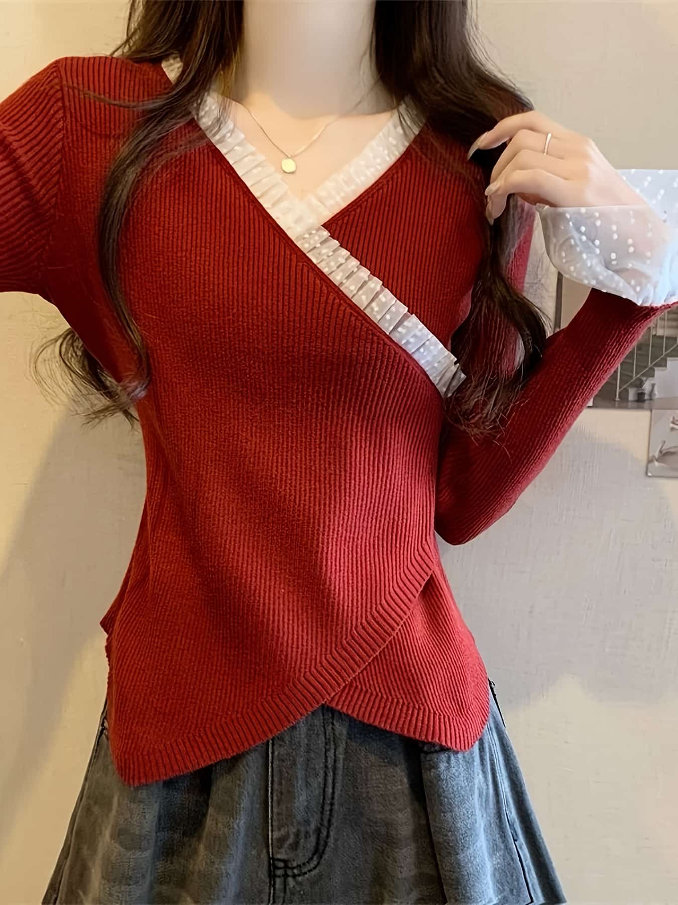 【今日このごろ押さえる、超買得30％OFF引き換え証、2度潮どき皆無】【花の冠yd風】編み物 レディース トップス プルオーバー 長袖 Vのど首 スピード競技 一点柄 水玉 うつり変わり カシュクール風 重ね着風 リブニット ティーシャツ 表着 カットソー 体型取りまかなう