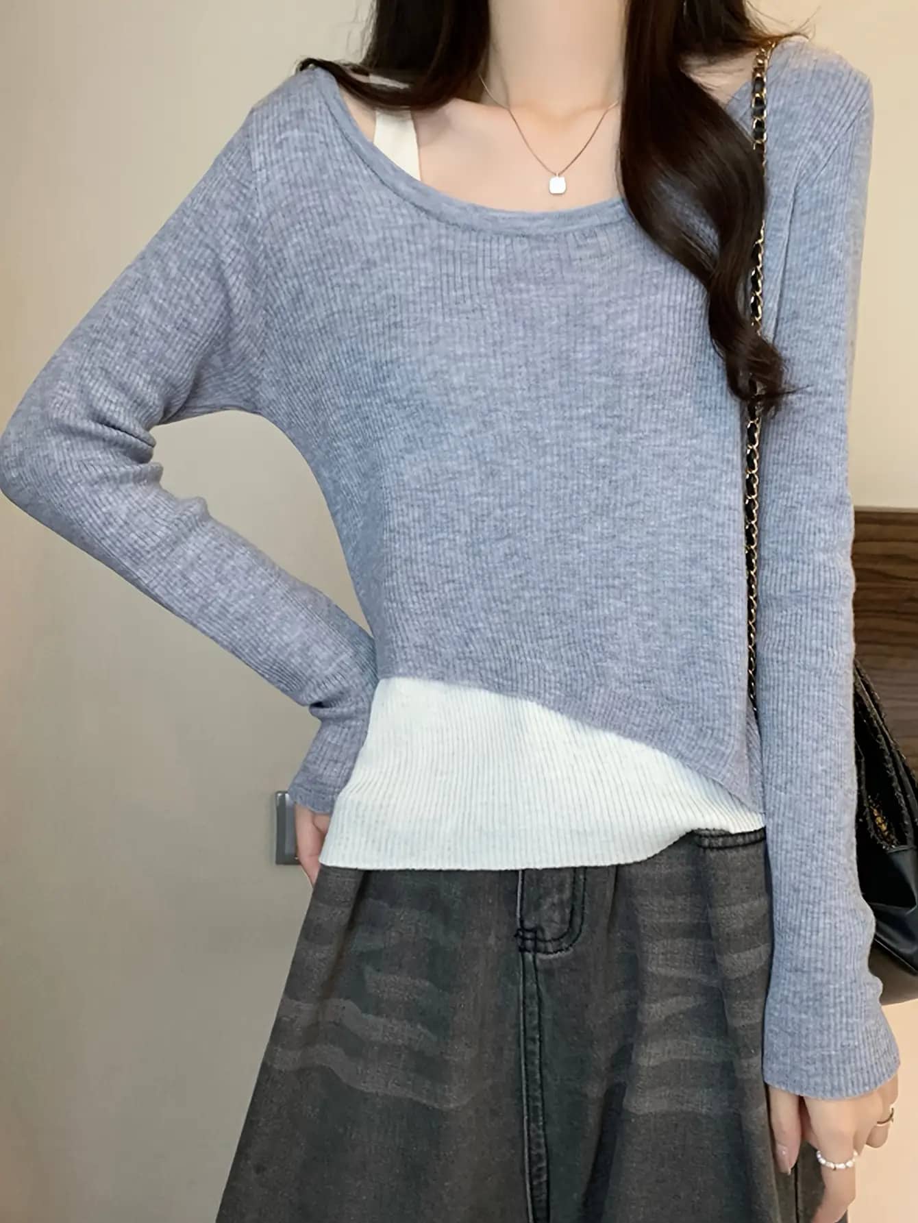 【今日このごろ押さえる、超買得30％OFF引き換え証、2度潮どき皆無】【花の冠yd風】 編み物 プルオーバー レディース トップス 重ね着風 リブニット 労働者の一団のど首 Uのど首 長袖 ティーシャツ 非対称 アシメ うつり変わり 裾 伸縮性 伸ばすこと 相応う