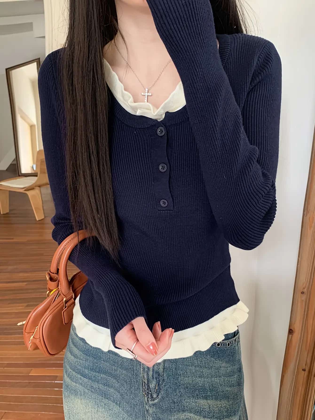 【今日このごろ押さえる、超買得30％OFF引き換え証、2度潮どき皆無】【重ね着風】編み物 レディース プルオーバー 花の冠yd風 リブニット トップス 長袖 ヘンリーのど首 カットソー ロンT 襟付き添い人 裾フラウンス うつり変わり 色彩設計 きつい か細い 相応う 伸ばすこと