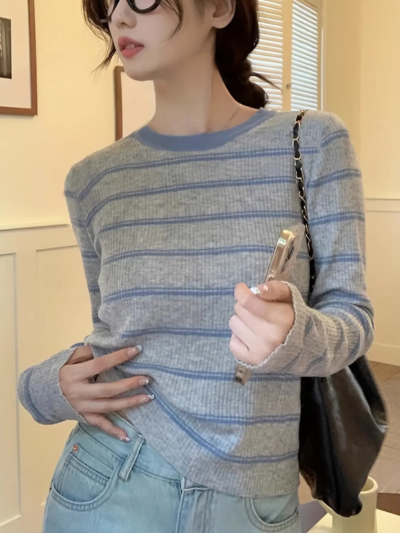 【全店通用25%OFFクーポン】【ボーダー柄ニット】 ニット レディース セーター クルーネック 長袖 トップス リブニット スリム タイト プルオーバー 丸首 カットソー ボーダー 細見え 着痩せ ストレッチ 伸縮性 大人|大森麗萱