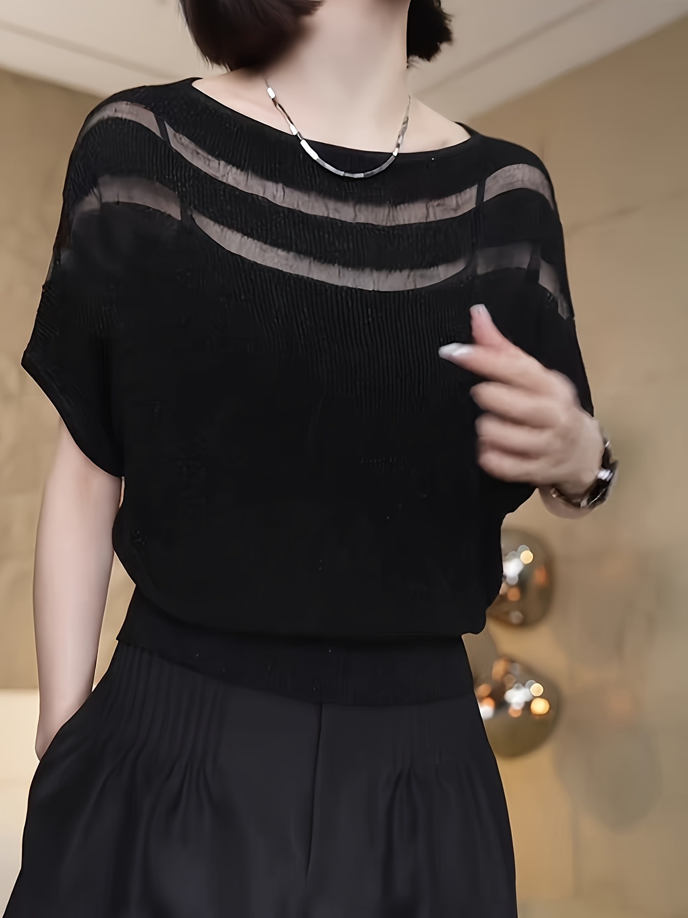 【今日このごろ押さえる、超買得30％OFFクーポン券、2度汐合い絶無】【透け感シアー】ドルマンスリーブ プルオーバー レディース カットソー トップ トップス 半袖 五分袖 小船素っ首 労働者の一団素っ首 丸首 カクテルドレスルー メッシュ うつり変わり 間借り人 無地 黒いこと