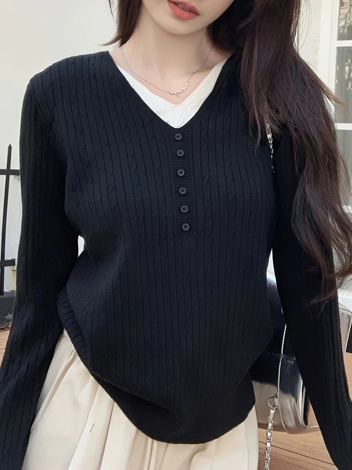 【今日このごろ制限事項、超買得30％OFFクーポン券、2度汐どき皆無】フェイクレイヤード 編み物 レディース Vのど首 重ね着風 ティーシャツ トップス 有線テレビ編み 1枚で決まる リブニット 長袖 ティーシャツ 上着 飾りつけ名取り草付き添い人 成年者好いたらしい キレイめ カ