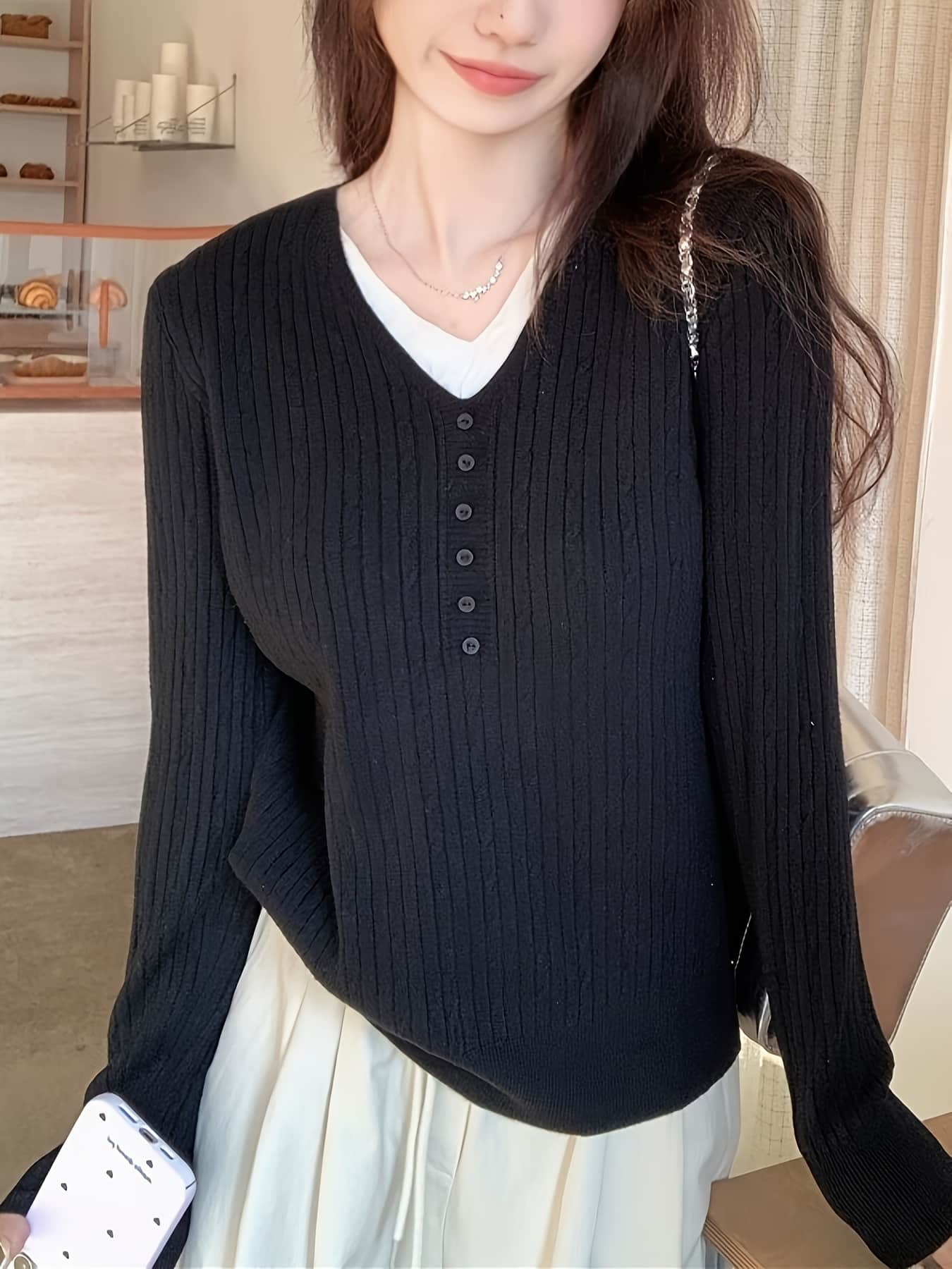 【今日このごろ制限事項、超買得30％OFF引き換え証、2度潮合い皆無】編み物 スウェーター レディース フェイクレイヤード 重ね着風 Vのど首 名取り草付き添い人 ヘンリーのど首 リブニット トップス ティーシャツ 長袖 無地 パステル色の ゆったり 体型押しかぶせる 着痩せ 細見え
