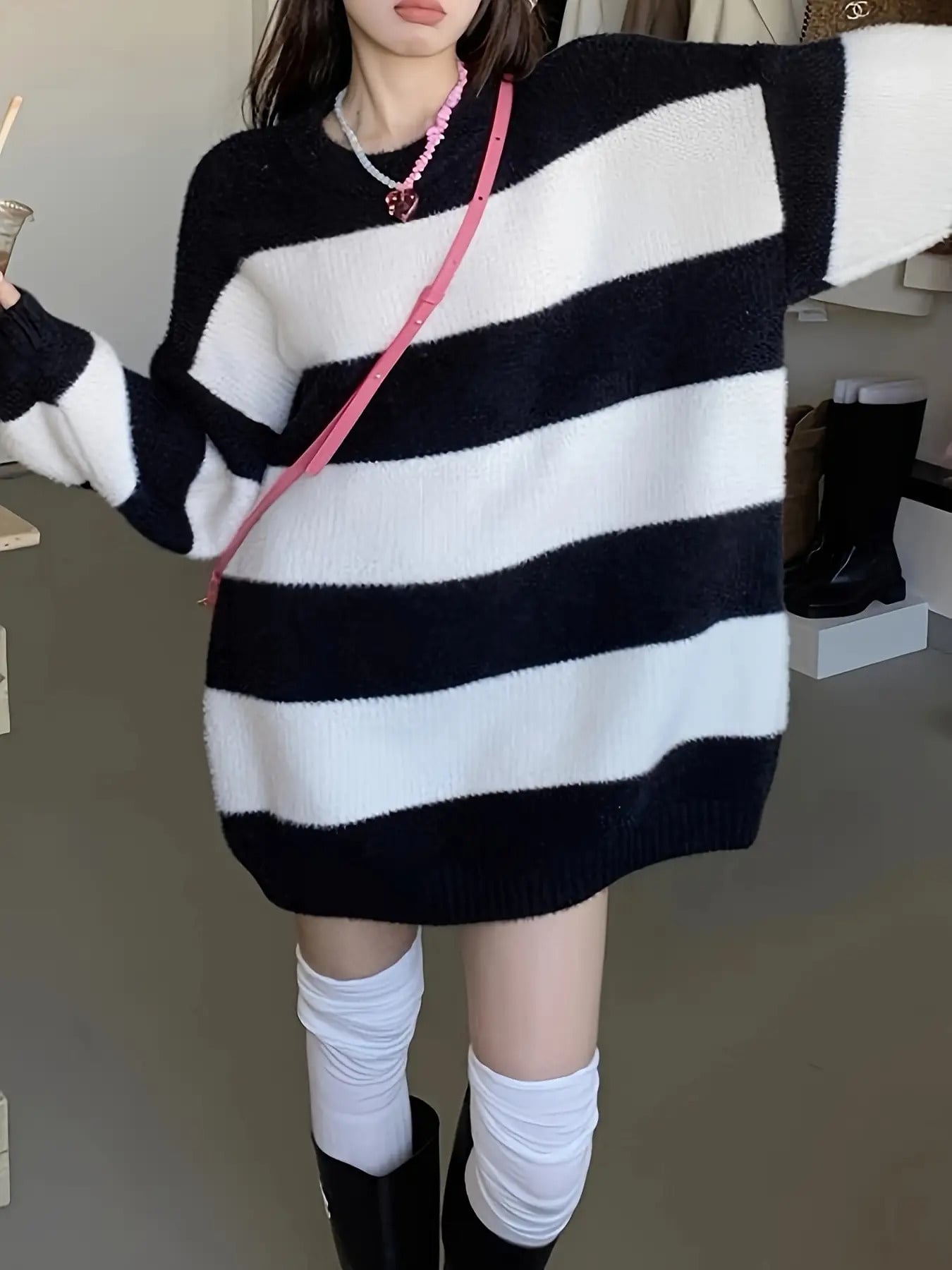 【全店30％OFFクーポンがあり】【太ボーダー】 ボーダー ニット セーター レディース トップス オーバーサイズ チュニック プルオーバー 長袖 丸襟 クルーネック ドロップショルダー 体型カバー お尻が隠れる 着痩せ 華奢見え カジュアル きれい｜大森麗萱