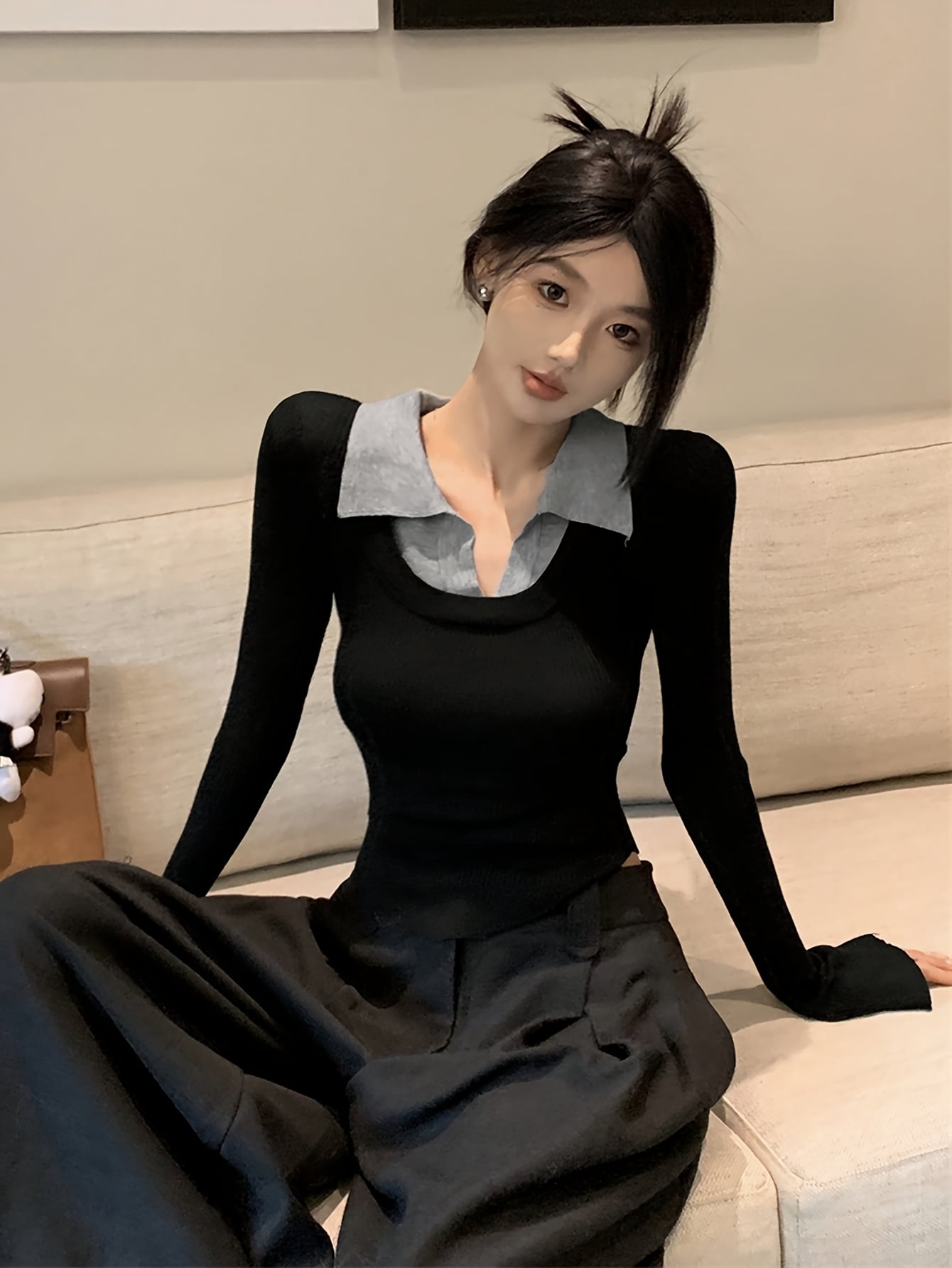 【全店30％OFF引き換え証があり】【重ね着風】編み物 レディース スウェーター 襟付き添い人 花の冠yd トップス トップ風 長袖 リブニット きつい か細い 影ぼうし 好いたらしいめ 成年者好いたらしい 着痩せ 細押し出し 伸縮性 伸ばすこと 通い 執務室 OL おっ母さん