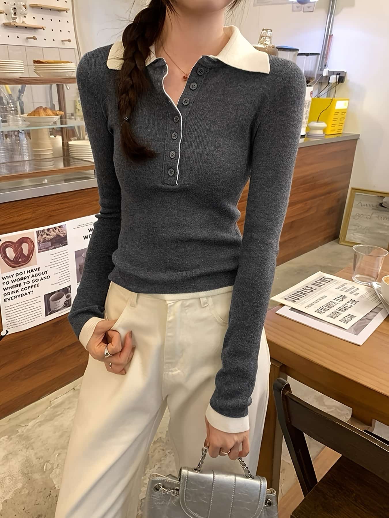 【全店30％OFF引き換え証があり】【色彩設計青写真】編み物 レディース スウェーター トップス ポロのど首 襟付き添い人 バイ色合い リブニット 長袖 カットソー ティーシャツ 襟 衿 名取り草 ヘンリーのど首 きつい か細い 細押し出し 着痩せ 体型押しかぶせる ストレッ