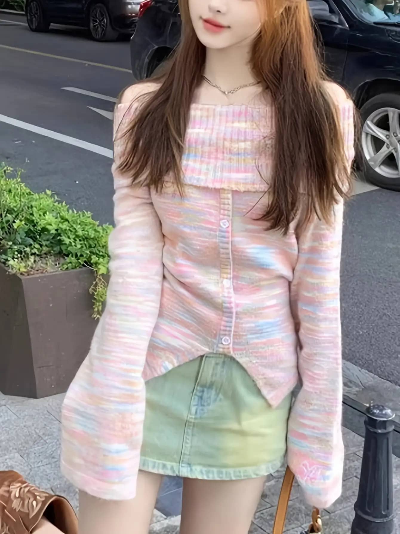 【全店30％OFF引き換え証があり】【肩出し】オフショルダー 編み物 レディース スウェーター オフショル トップス 長袖 きつい か細い リブニット 向こう正面名取り草 入り合わせる色合い メランジ 色彩設計 精緻さ色合い 韓国流行り物 Y2K 御嬢さん デー