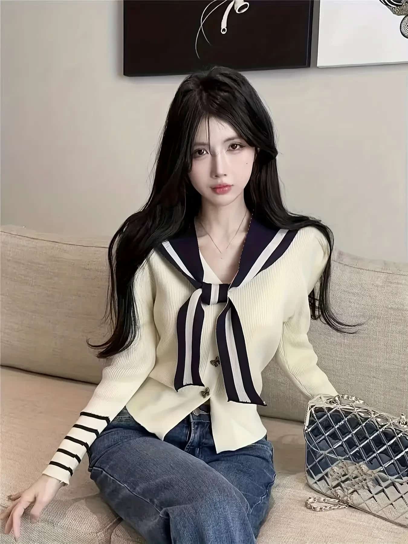 【全店30%OFFクーポンがあり】【韓国風デザイン】セーラーカラー ニット カーディガン レディース セーター トップス 長袖 ビッグカラー 襟付き リボン ボーダー リブニット 前開き 着痩せ 細見え 体型カバー 華奢見せ 大人可愛い スクール風|大森麗萱