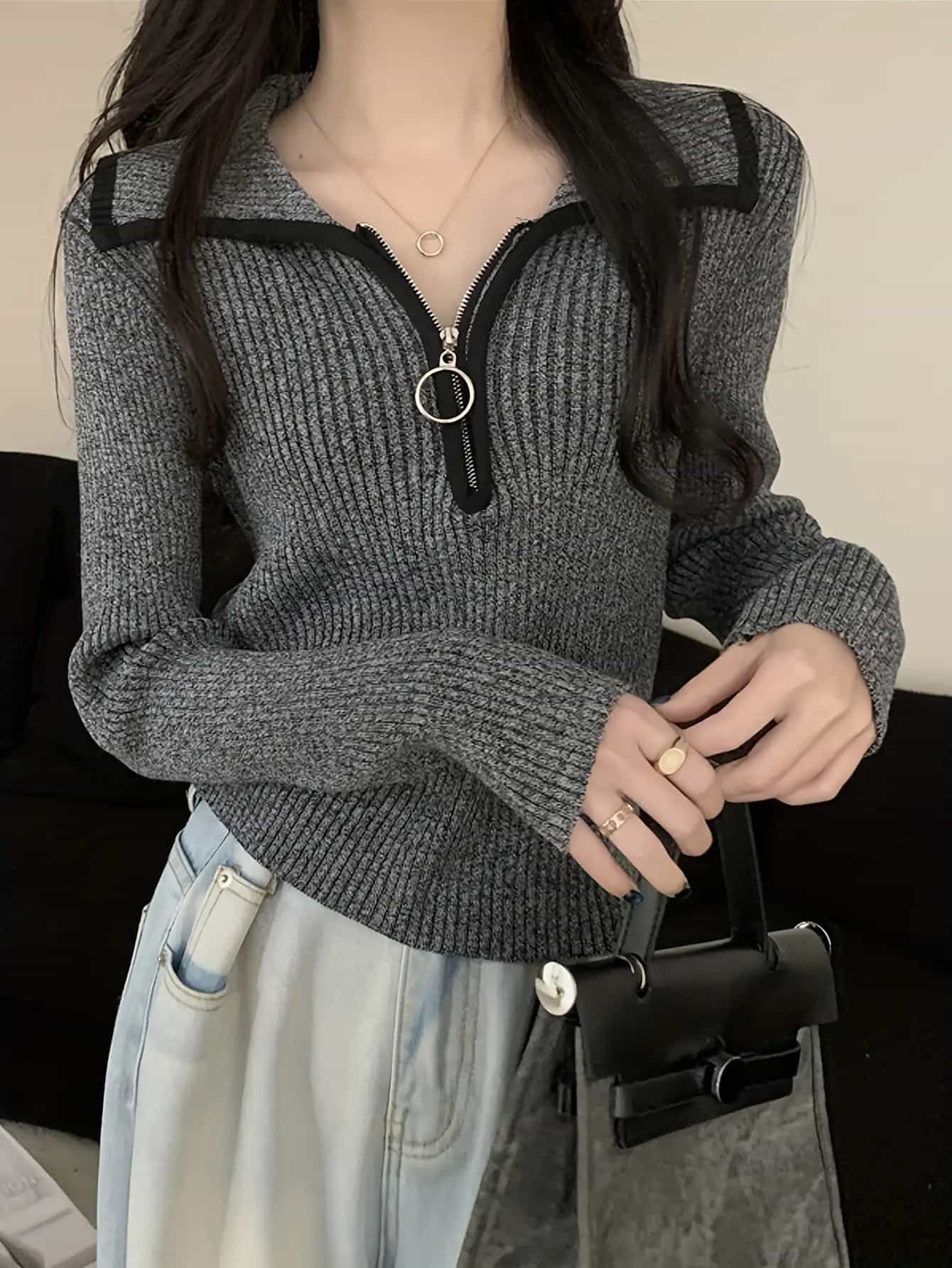 【全店30％OFF引き換え証があり】【ハーフジップ】編み物 レディース トップス スウェーター 襟付き添い人 ジップアップ リブニット ポロ編み物 きつい か細い 遊撃手丈 長袖 無地 輪っかファスナー Vのど首 杢薄墨色 着痩せ 細押し出し 伸縮性 伸ばすこと 通