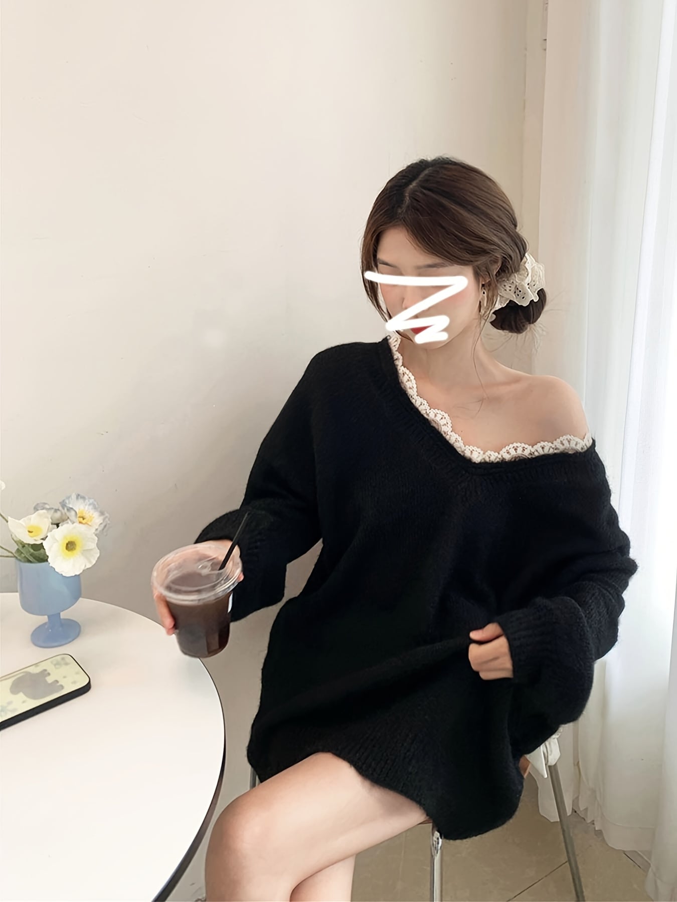 【全店30%OFFクーポンがあり】ニット セーター レディース Vネック レース トップス プルオーバー 長袖 ゆったり ビッグシルエット 体型カバー 華奢見え 着痩せ チュニック丈 無地 韓国風 大人可愛い きれいめ フェミニン カジュアル オフィ|大森麗萱