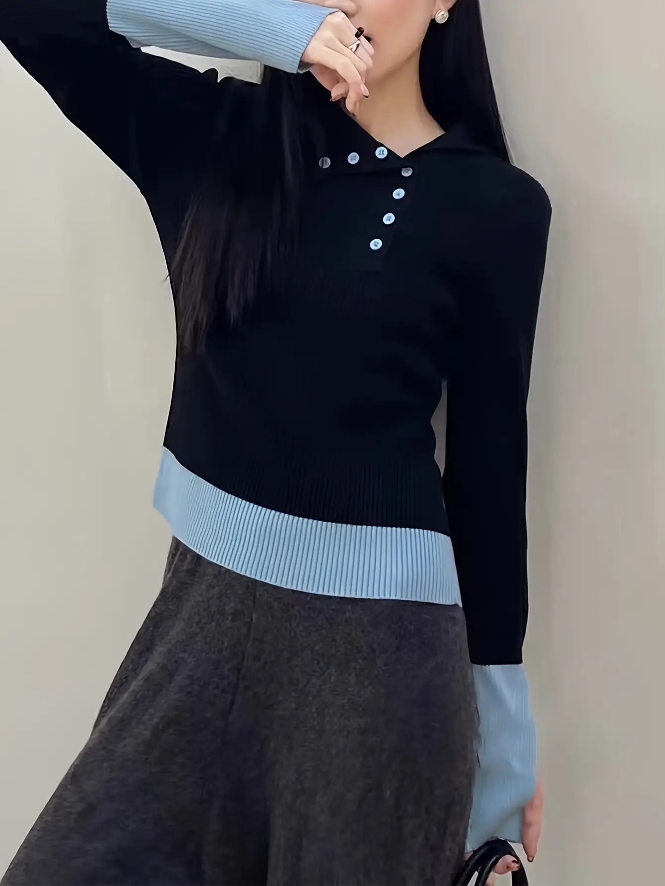 【全店30％OFF引き換え証があり】【花の冠yd風】 編み物 レディース スウェーター ハイネック 重ね着風 バイ色合い 色彩設計 リブニット トップス 長袖 タートルネック 飾りつけ名取り草 襟付き添い人 ティーシャツ 肌付き 伸縮 伸ばすこと 体型押しかぶせる 着痩せ 細