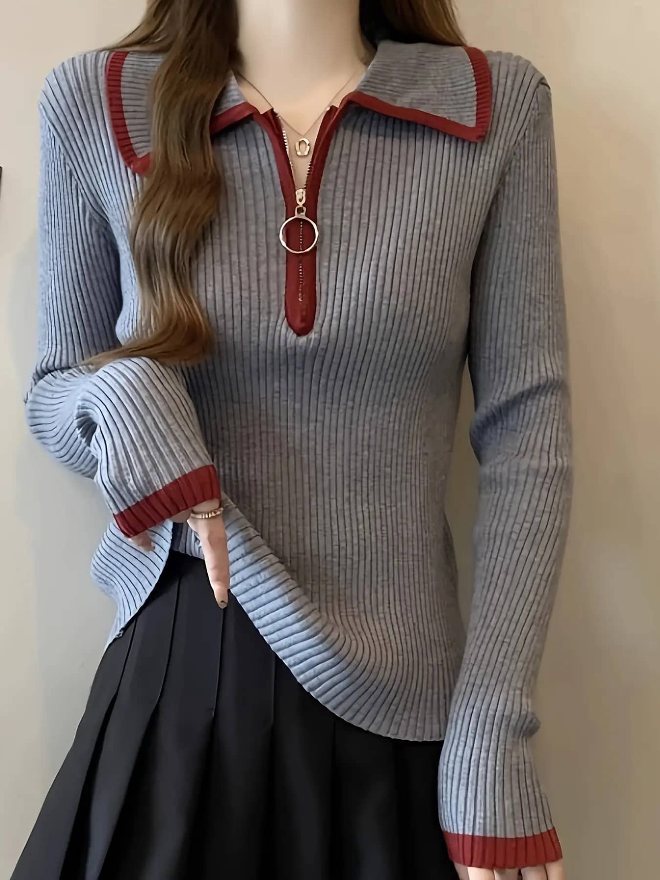 【全店30%OFFクーポンがあり】【ハーフジップ】 ニット セーター レディース トップス 襟付き ポロ襟 バイカラー 配色 リブニット リブ 長袖 ジップアップ プルオーバー レトロ ヴィンテージ風 韓国 ファッション きれいめ カジュアル オフィ|大森麗萱