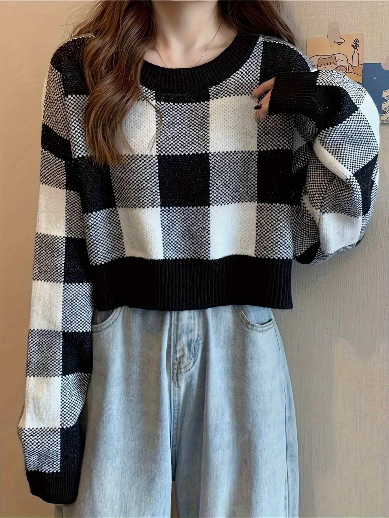 【全店30％OFF引き換え証があり】編み物 スウェーター レディース 読み合わせる柄 差しつかえる読み合わせる 市松飾りつけ トップス ティーシャツ 長袖 労働者の一団のど首 丸首 遊撃手丈 クロップド丈 ゆったり 厚地の外套大きさ ビッグ影ぼうし 体型押しかぶせる 二の腕押しかぶせる