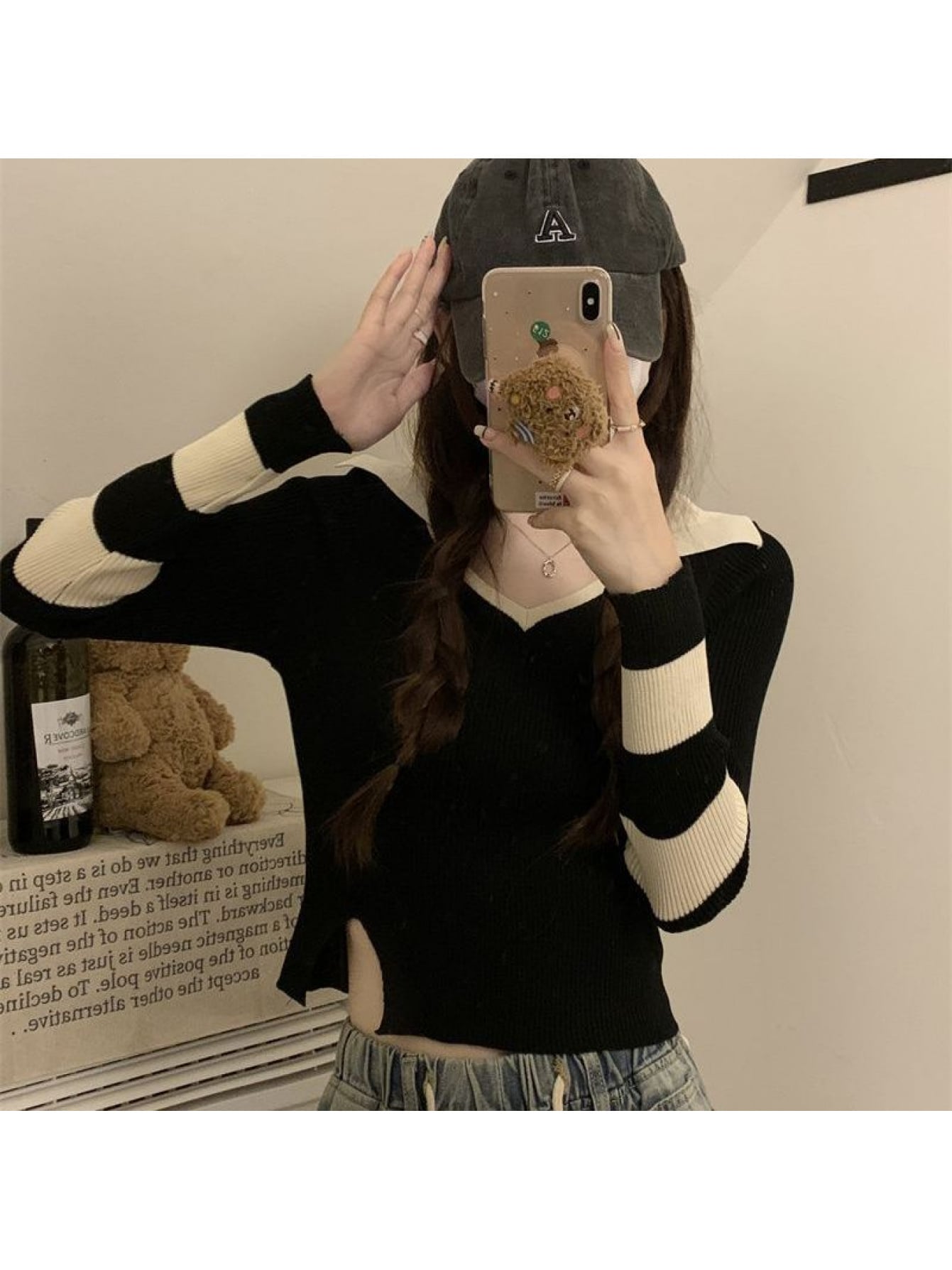 【全店30％OFF引き換え証があり】【バイ色合い】襟付き添い人 編み物 スウェーター レディース ポロ編み物 トップス スポーツシャツ 長袖 リブニット Ｖのど首 色彩設計 間借り人 きつい か細い 遊撃手丈 クロップド丈 裾細長い切口 着痩せ 細押し出し 割れ易い押し出し ストレ