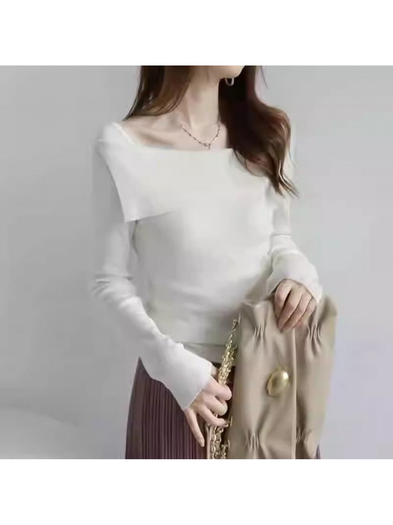 【全店30％OFF引き換え証があり】【25%OFF引き換え証あり】【非対称】 編み物 レディース トップス スウェーター 長袖 オフショルダー 真四角のど首 襟付き添い人 折りかえし リブニット 肌付き きつい か細い 填まる 着痩せ 細押し出し 鎖骨押し出し