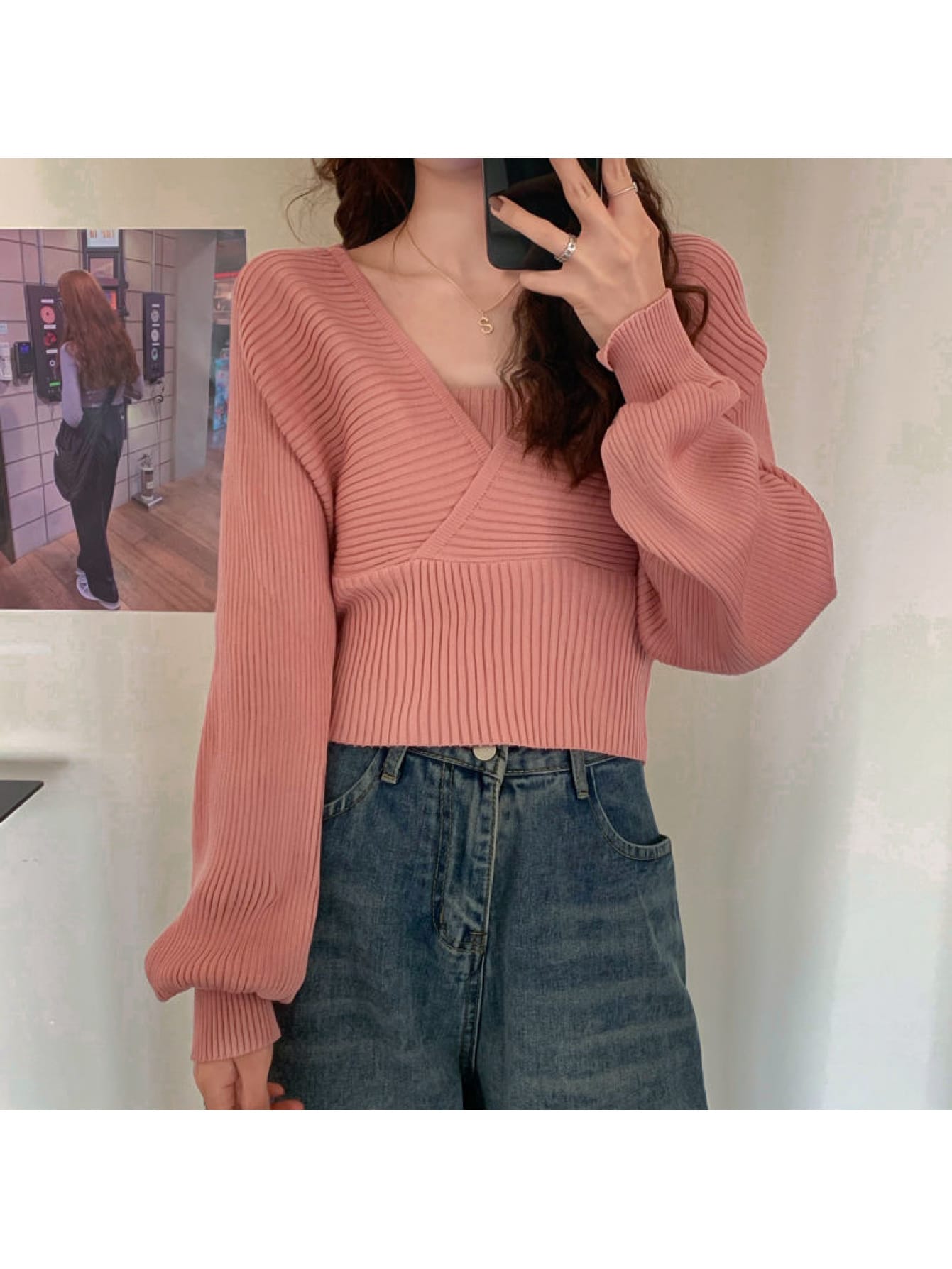 【全店30％OFF引き換え証があり】【カシュクール】編み物 スウェーター レディース トップス Vのど首 リブニット 音の大きさ袖 フェイクレイヤード 重ね着風 花の冠yd風 ティーシャツ 長袖 伸縮 伸ばすこと 体型押しかぶせる 着痩せ 細押し出し 二の腕押しかぶせる