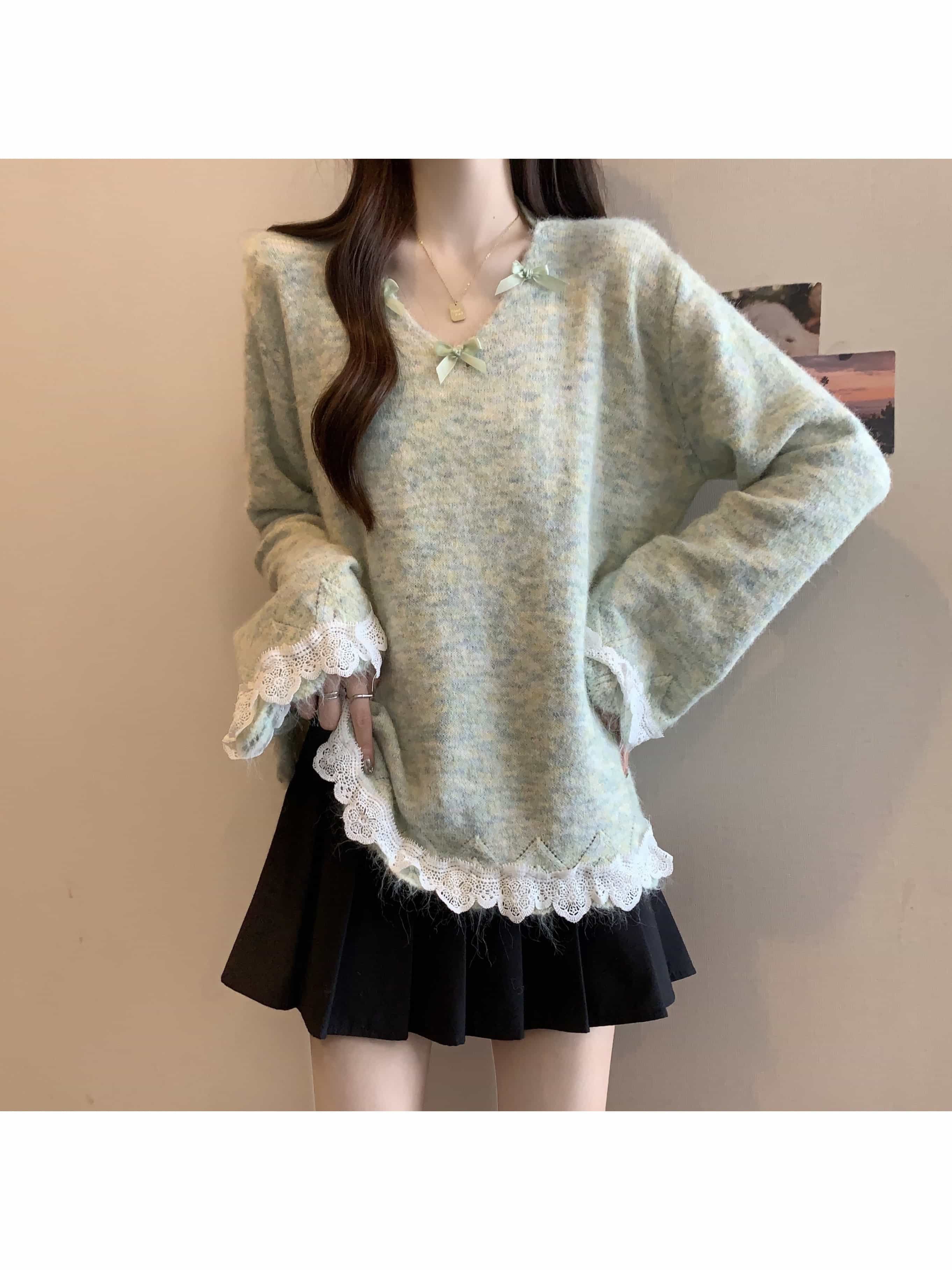 【全店30%OFFクーポンがあり】【大人可愛い】リボン レース Vネック ニット セーター レディース 大きいサイズ ゆったり プルオーバー トップス 異素材 切替 裾レース シャギーニット モヘアタッチ 長袖 ぽっちゃり 体型カバー 着痩せ ゆるニ|大森麗萱
