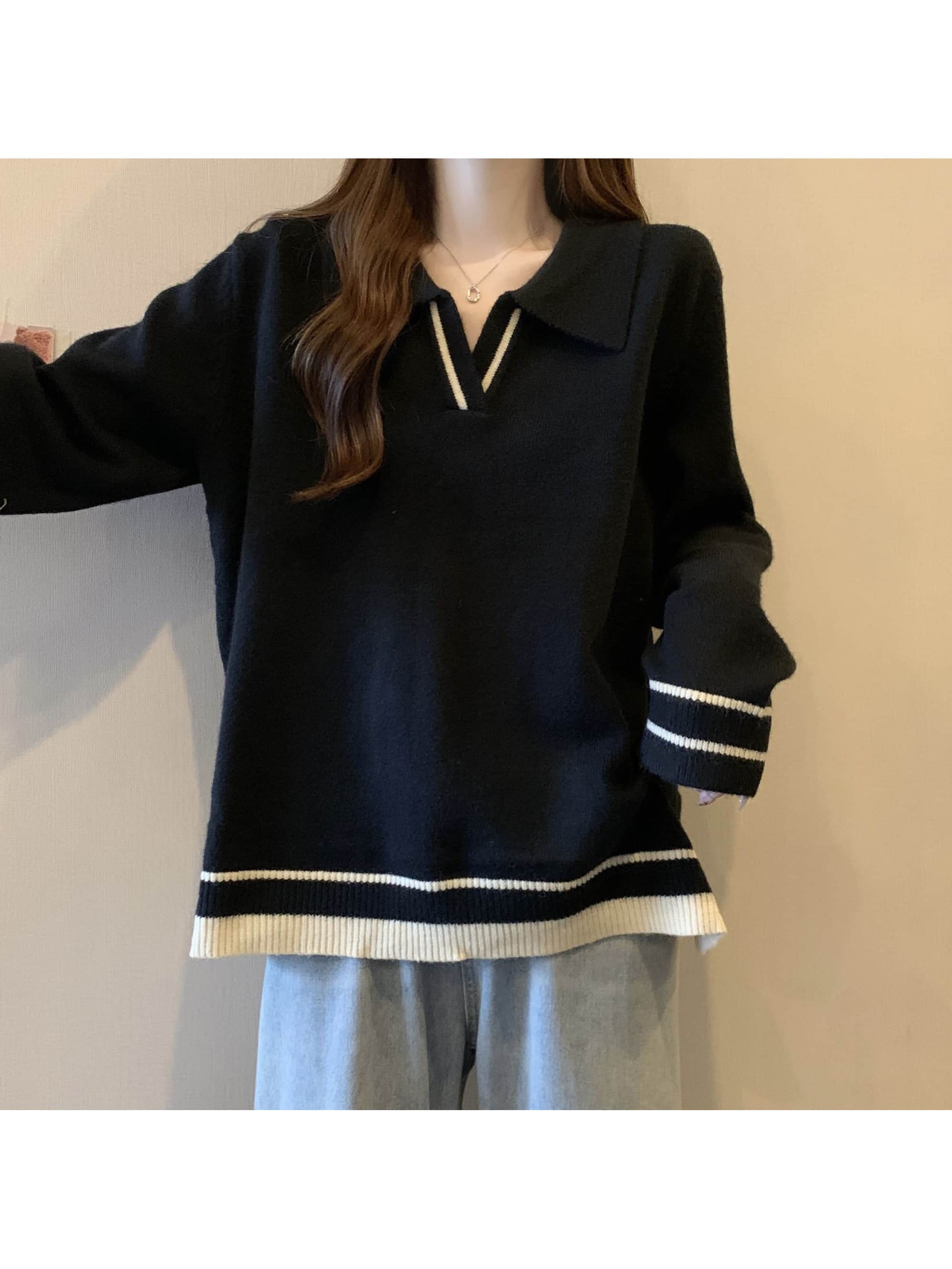【全店30%OFFクーポンがあり】【襟付きニット】セーター レディース トップス 長袖 プルオーバー スキッパー Vネック バイカラー ボーダー ライン入り 配色 ゆったり 大きいサイズ ビッグシルエット オーバーサイズ 体型カバー 着痩せ ?奢見え|大森麗萱