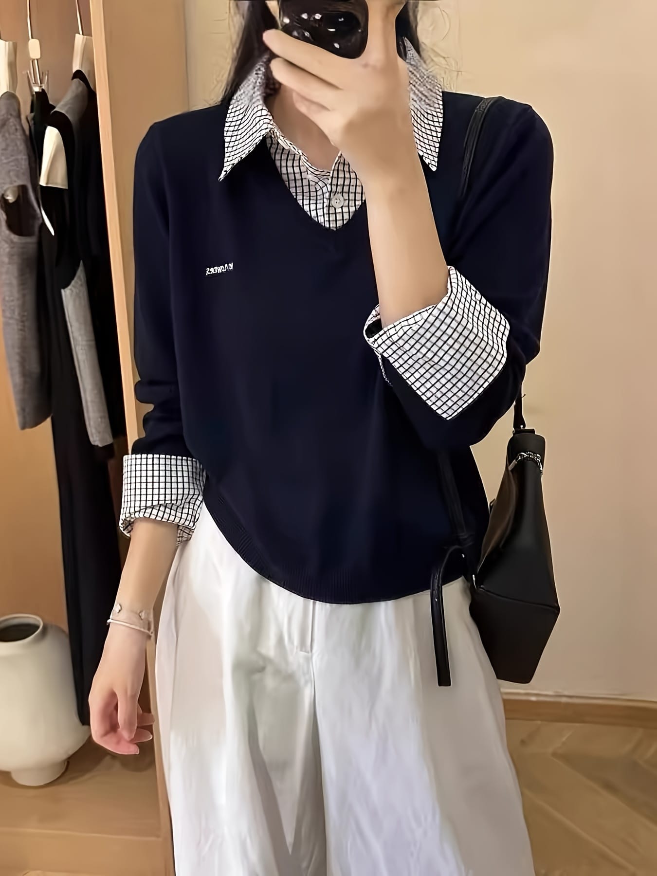 【全店30%OFFクーポンがあり】【レイヤード風】 ニット セーター レディース 襟付き フェイクレイヤード 重ね着風 チェック柄 シャツ襟 トップス プルオーバー 長袖 刺繍 ワンポイント チュニック ゆったり 体型カバー 着痩せ 暖かい 厚手 柔|大森麗萱