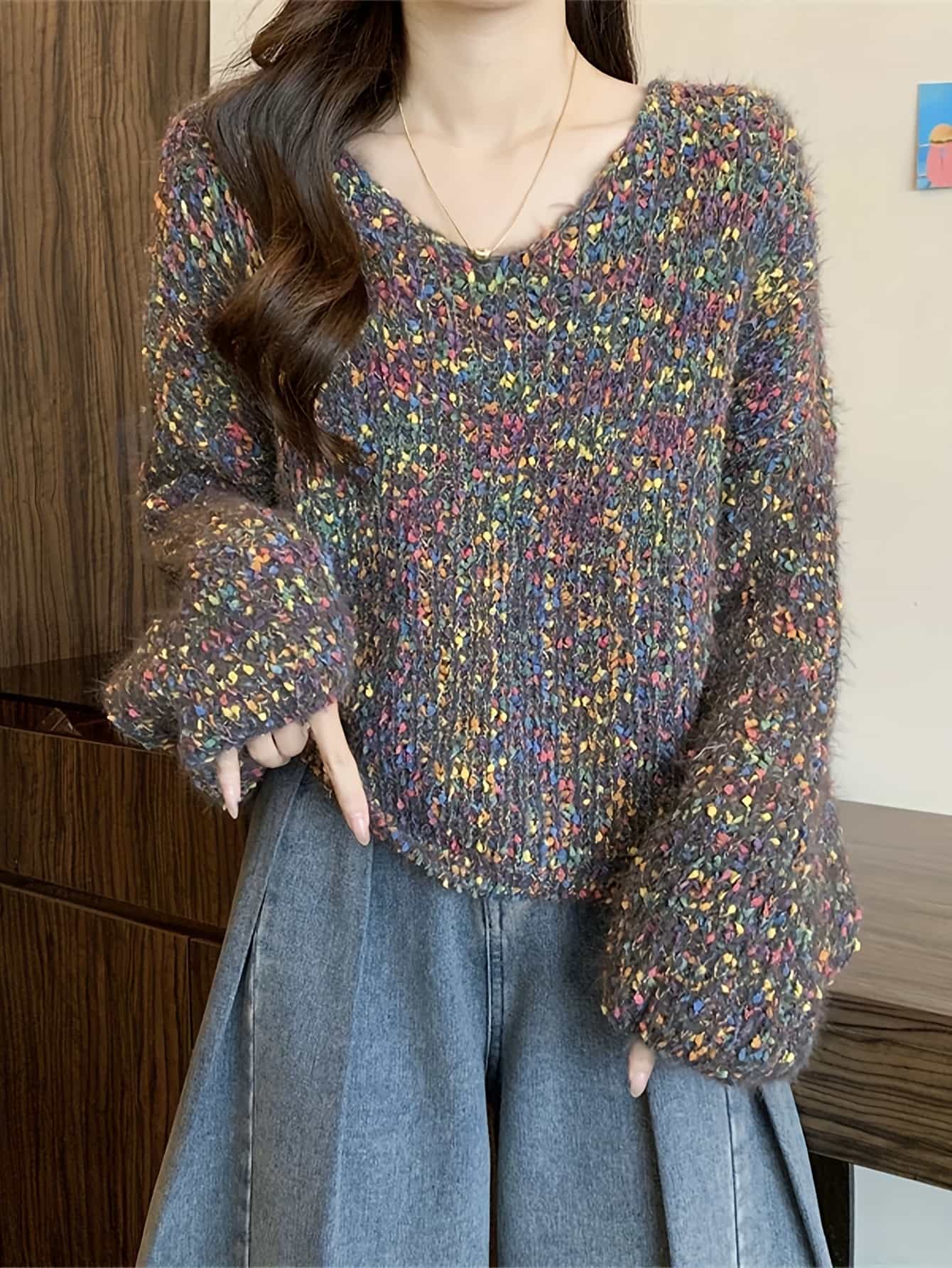 【全店30％OFF引き換え証があり】【入り合わせる色合い】Vのど首 編み物 スウェーター レディース 長袖 トップス ゆる編み物 ティーシャツ メランジ ネップ 派手 ざっくり編み物 厚地の外套大きさ ビッグ影ぼうし 落っこちる肩部 音の大きさ袖 体型