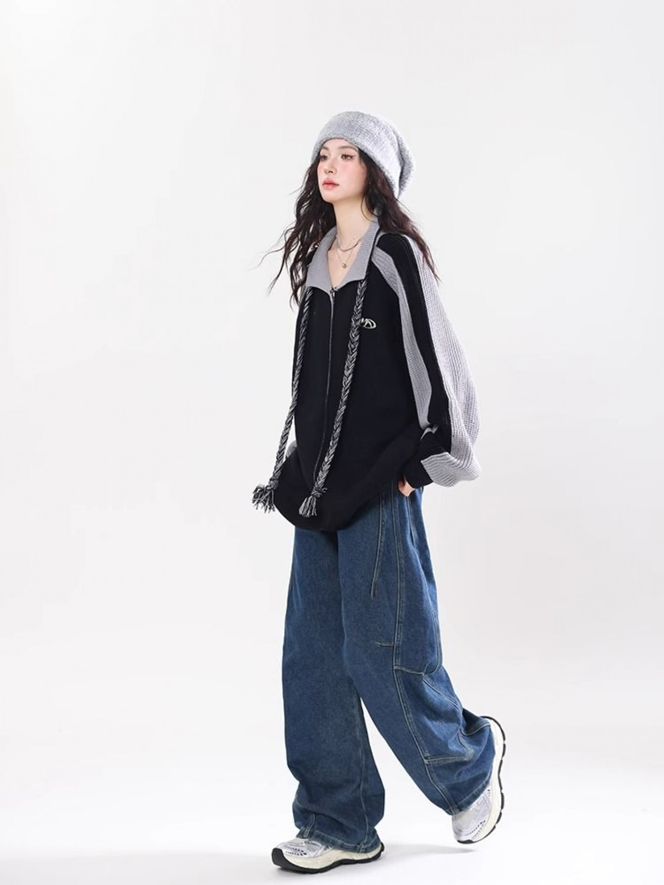 【全店30%OFFクーポンがあり】【配色デザイン】 ニットジャケット レディース ジップアップ カーディガン セーター 襟付き 配色 バイカラー ブルゾン トップス 羽織り 紐付き 長袖 ゆったり オーバーサイズ ビッグシルエット 体型カバー 二の腕|大森麗萱