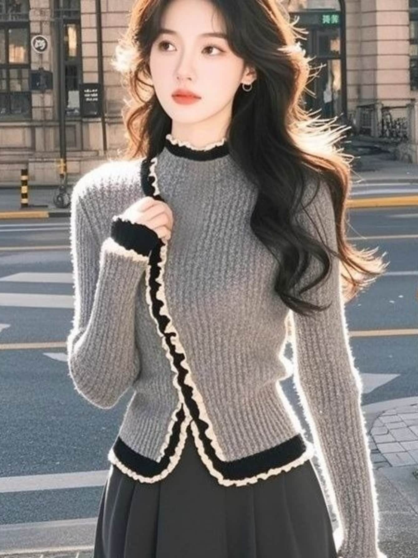 【全店30％OFFクーポンがあり】【大人可愛い】リブニット セーター レディース トップス プルオーバー フリル メロー 配色 バイカラー タイト スリム 着痩せ 細見え 伸縮性 ストレッチ ハーフハイネック モックネック 立ち襟 長袖 きれいめ フ｜大森麗萱