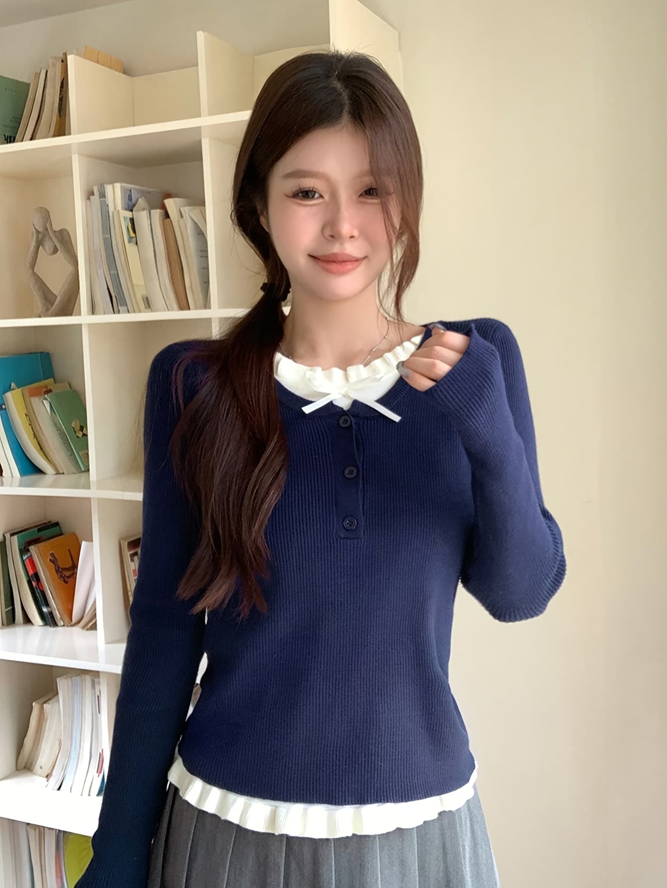 【全店30％OFF引き換え証があり】【花の冠yd風】 編み物 スウェーター レディース トップス 重ね着風 フェイクレイヤード リブニット シュロの葉 フラウンス 襟付き添い人 ヘンリーのど首 前名取り草 伸縮性 長袖 翰林院風 学校 ガーリー 女子らしい 成年者好いたらしい