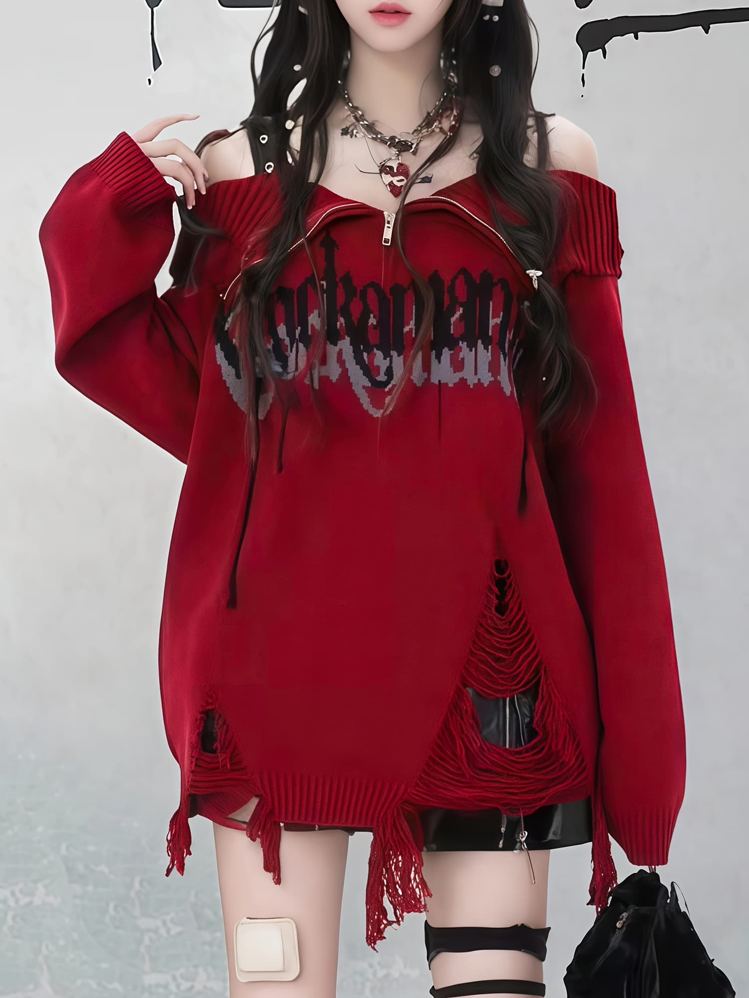 【全店30％OFFクーポンがあり】【ハーフジップ】 ニット セーター レディース オフショル 肩出し ダメージ加工 地雷系 プルオーバー トップス 長袖 オーバーサイズ 韓国ファッション ストリート ロック パンク ゆる 穴あき フリンジ 体型カバー｜大森麗萱
