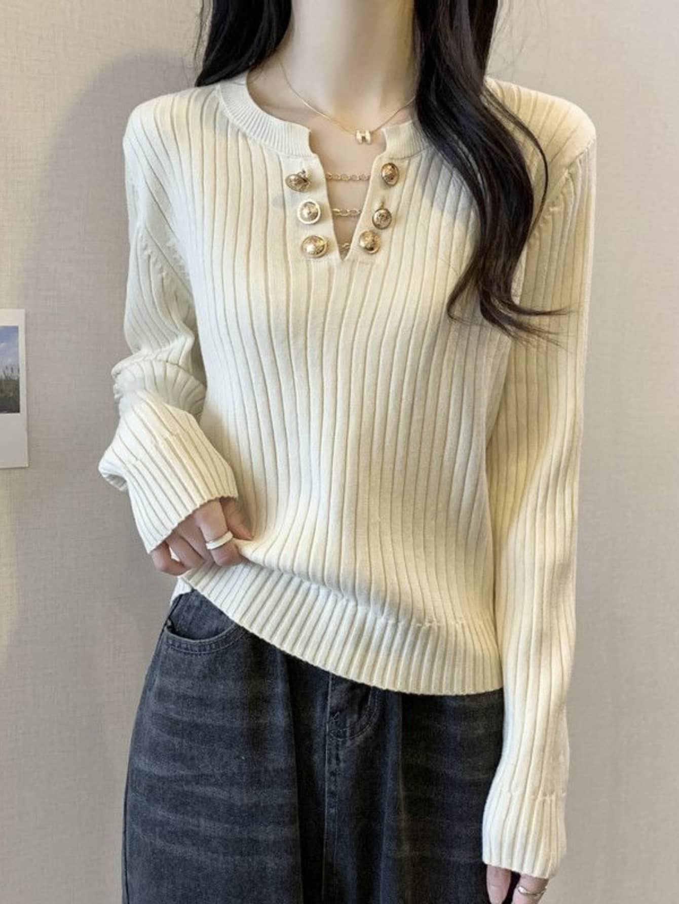 【全店30％OFF引き換え証があり】大きなからだ付きのお上さんの年秋冬の目あたらしいヨーロッパの外国表現スタイルのVネックニットボトミングシャツファットミリメートルフロントショルダー薄べったいスウェーターいの一番