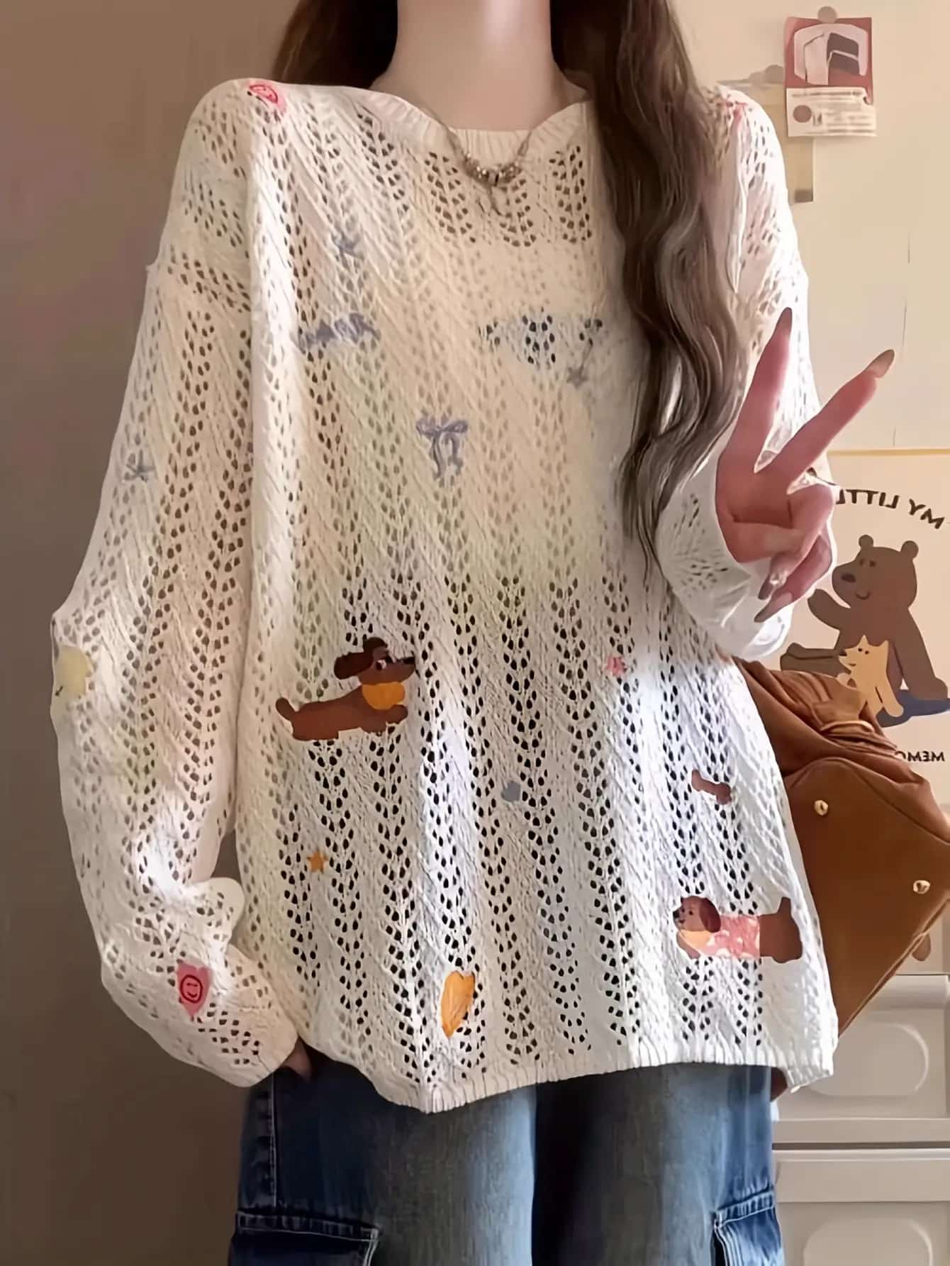 【全店30％OFF引き換え証があり】編み物 スウェーター レディース 透かし編み メッシュ編み物 韓国流行り物 トップス 長袖 ゆる編み物 労働者の一団のど首 犬 紋章 ティーシャツ かぎ針編み風 透け感 シアー ざっくり編み 刺しゅう 星 シュロの葉 好いたらしい