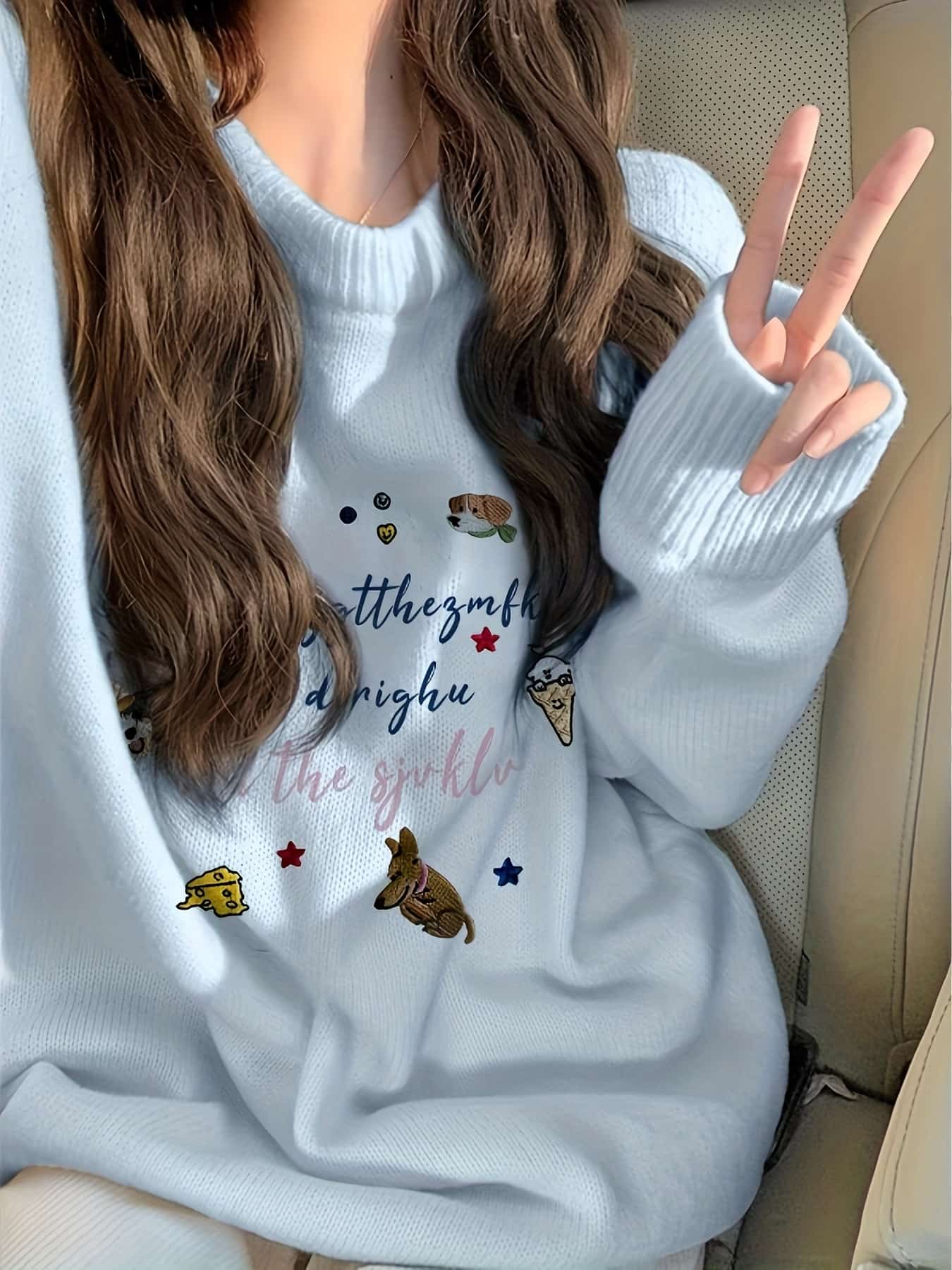 【全店30%OFFクーポンがあり】【もっちり柔らか】ニット セーター レディース トップス プルオーバー クルーネック 丸首 ロゴ 英字 アニマル 犬 プリント ゆるニット オーバーサイズ ビッグシルエット 長袖 ざっくり ゆるふわ 韓国風 2024|大森麗萱