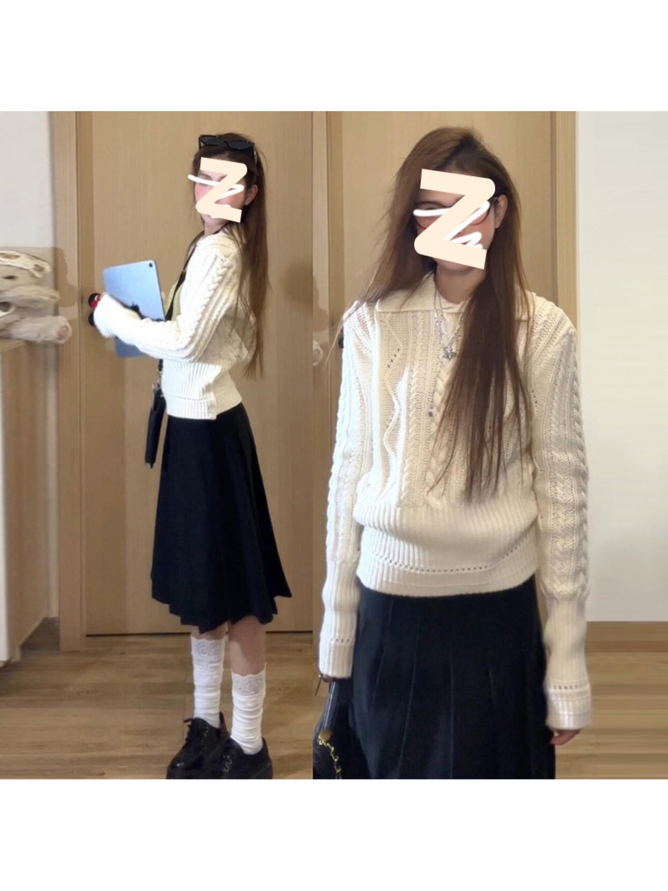 【全店30％OFFクーポンがあり】襟付き ニット ケーブル編み レディース セーター ポロ襟 トップス 長袖 韓国ファッション ゆったり アイボリー ホワイト 白 プルオーバー スキッパー ケーブルニット ざっくり編み 縦ライン 着痩せ 体型カバー｜大森麗萱