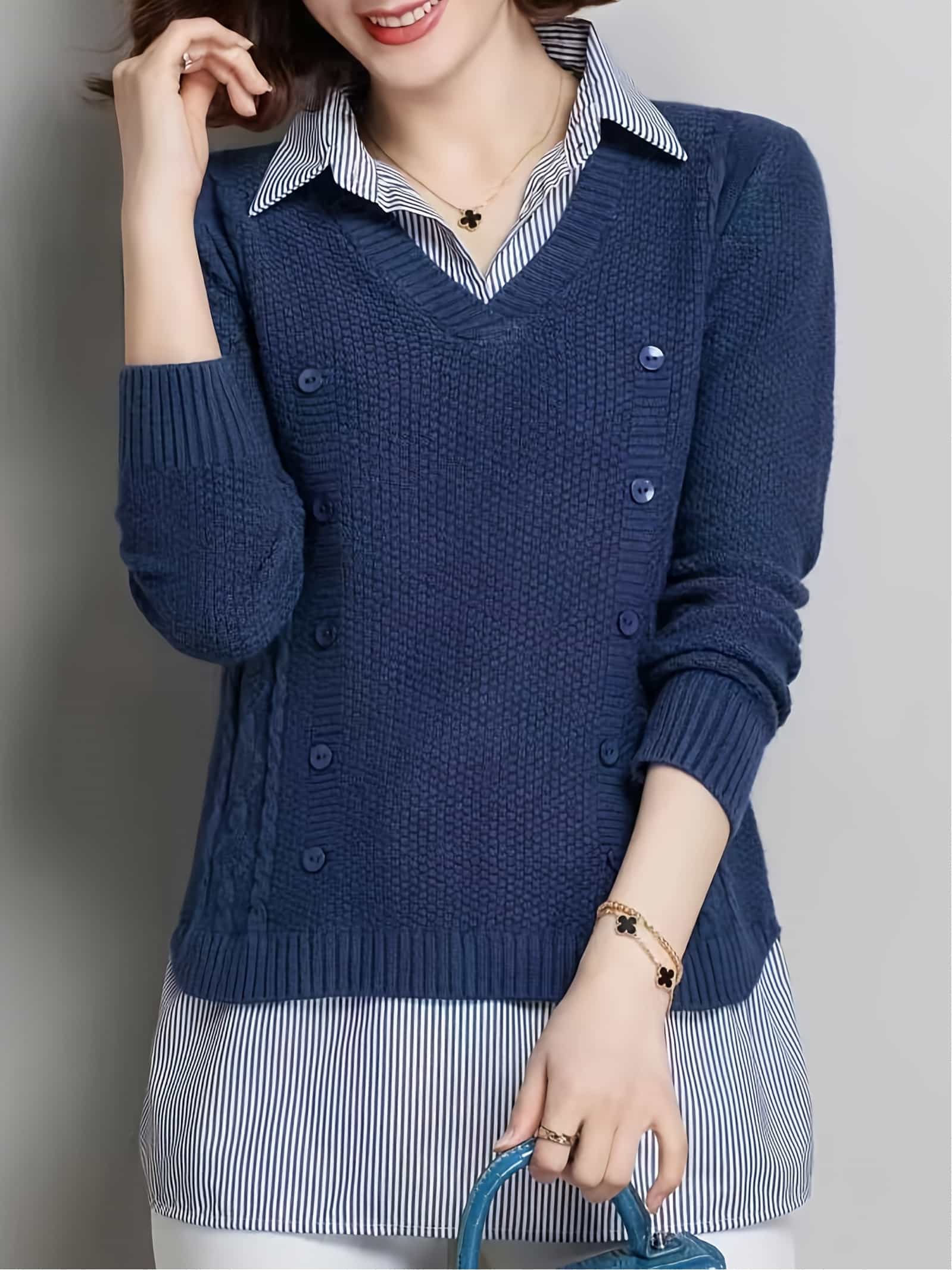 【全店30%OFFクーポンがあり】【重ね着風】 ニット セーター レディース 襟付き ストライプ シャツ レイヤード 風 トップス プルオーバー 長袖 フェイクレイヤード チュニック 襟 カットソー 事務服 通勤 オフィス きれいめ カジュアル 30|大森麗萱
