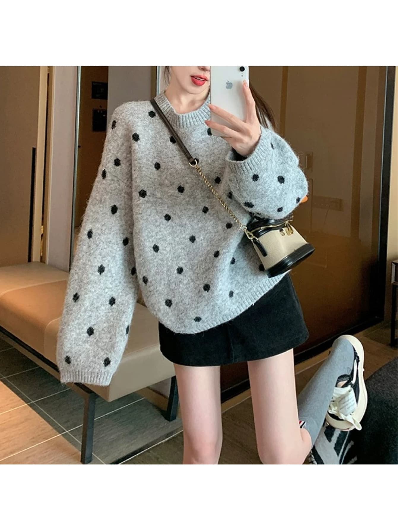 【全店通用25%OFFクーポン】【大人可愛い】ニット セーター レディース ドット柄 水玉 トップス クルーネック 丸首 プルオーバー 長袖 厚手 ゆったり オーバーサイズ ビッグシルエット ゆるニット 体型カバー 二の腕カバー 華奢見え 着痩せ 暖|大森麗萱