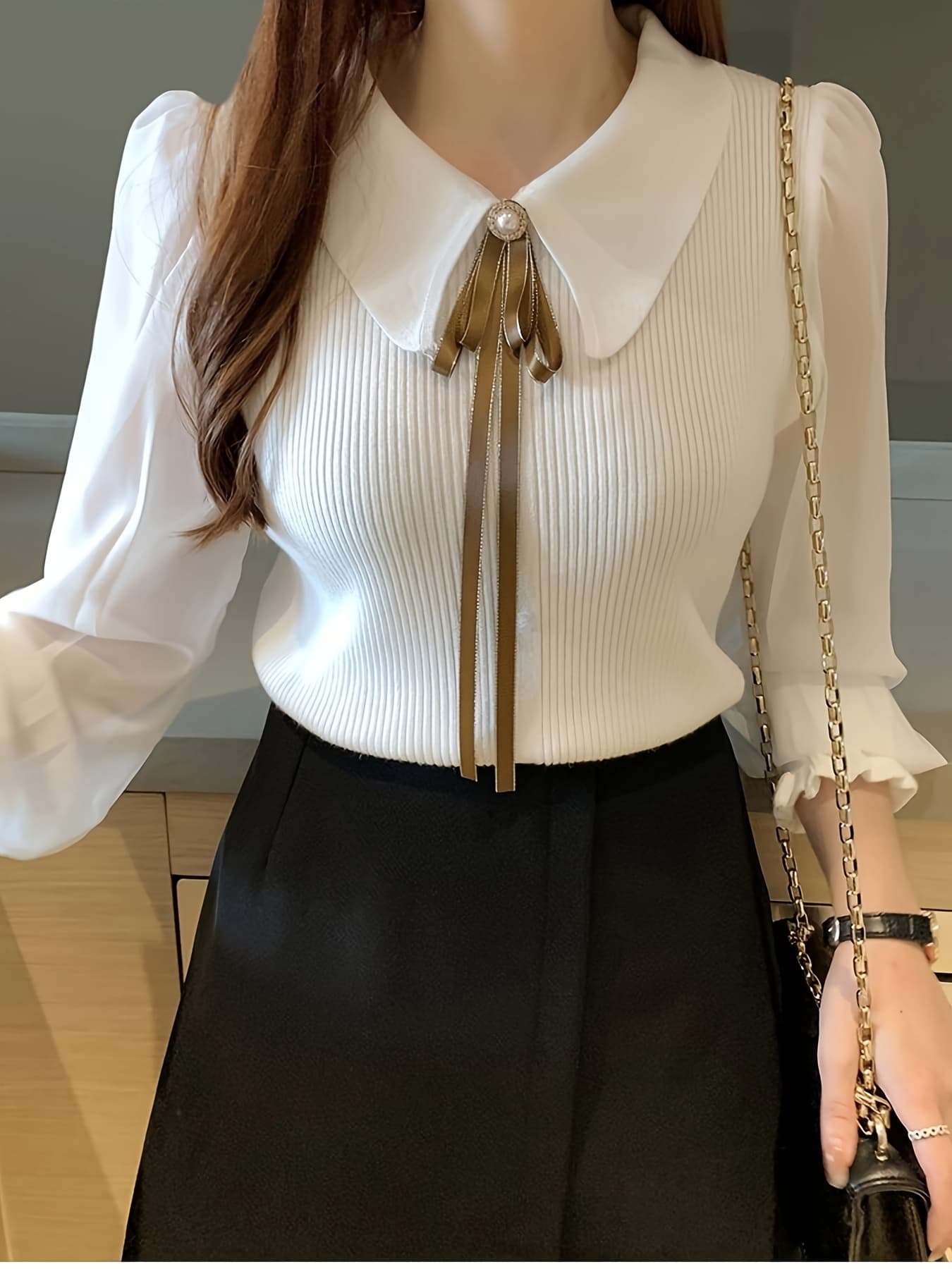 【全店30％OFF引き換え証】【シュロの葉×襟付き添い人】レディース 炎節編み物 スウェーター 長袖 襟付き添い人編み物 トップス 異原料品うつり変わり 音の大きさ袖 軽気球袖 襟コンシャス ゴールド シュロの葉引き分け パール調名取り草 リブニット ティーシャツ トップ風 韓国ファッ