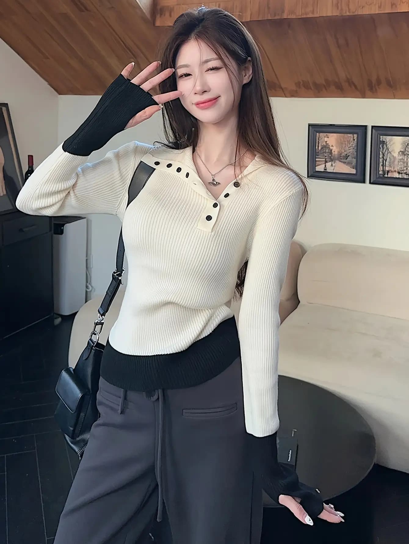 【全店30％OFF引き換え証】編み物 レディース スウェーター 重ね着風 フェイクレイヤード 色彩設計 バイ色合い トップス リブニット 長袖 指穴 アームウォーマー風 きつい か細い 填まる 伸ばすこと 着痩せ 体型押しかぶせる 細押し出し 二の腕押しかぶせる 襟付き添い人 ボ