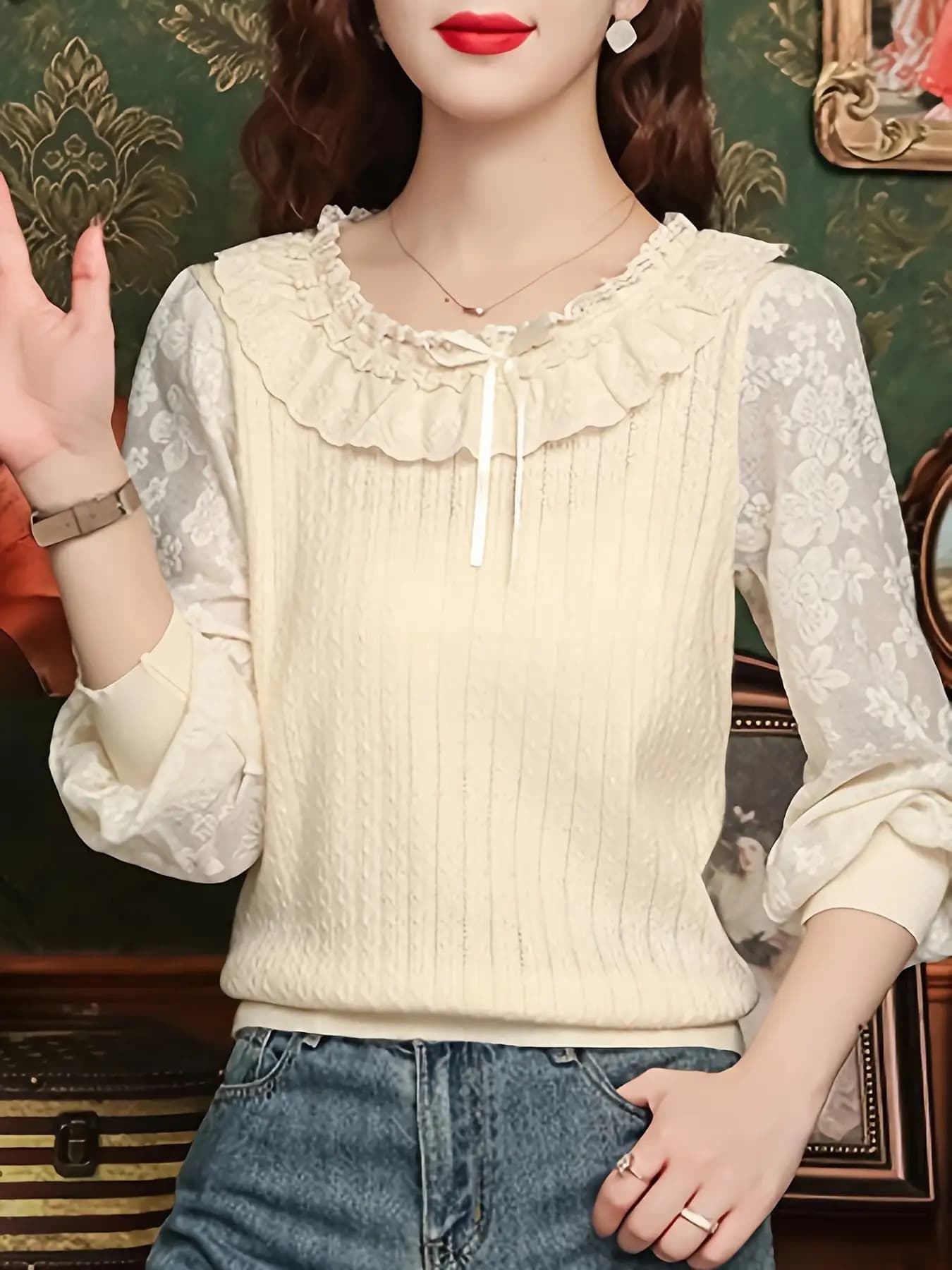 【全店通じる25％OFFクーポン券】【異原料品うつり変わり】トップ スピード競技 トップス レディース 長袖 カットソー ティーシャツ 編み物 襟フラウンス シュロの葉 袖スピード競技 花柄 シアー 透け感 ぽわん袖 音の大きさ袖 体型覆いかぶせる 着痩せ 二の腕覆いかぶせる 伸縮性 洗え