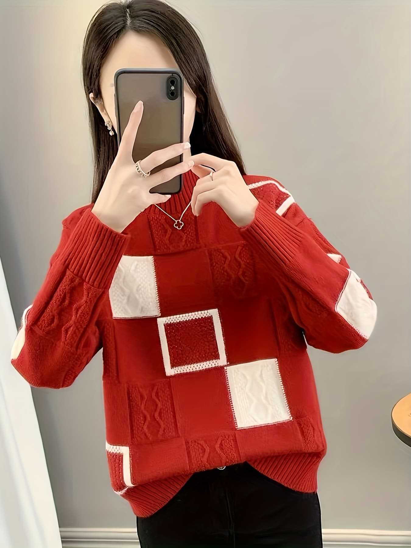 【全店通用25%OFFクーポン】【配色ブロック】 ニット セーター レディース ハイネック モックネック トップス チェック柄 ケーブル編み 切り替え プルオーバー 長袖 厚手 暖かい 体型カバー ゆったり オーバーサイズ 着痩せ 細見え 大人可愛い|大森麗萱