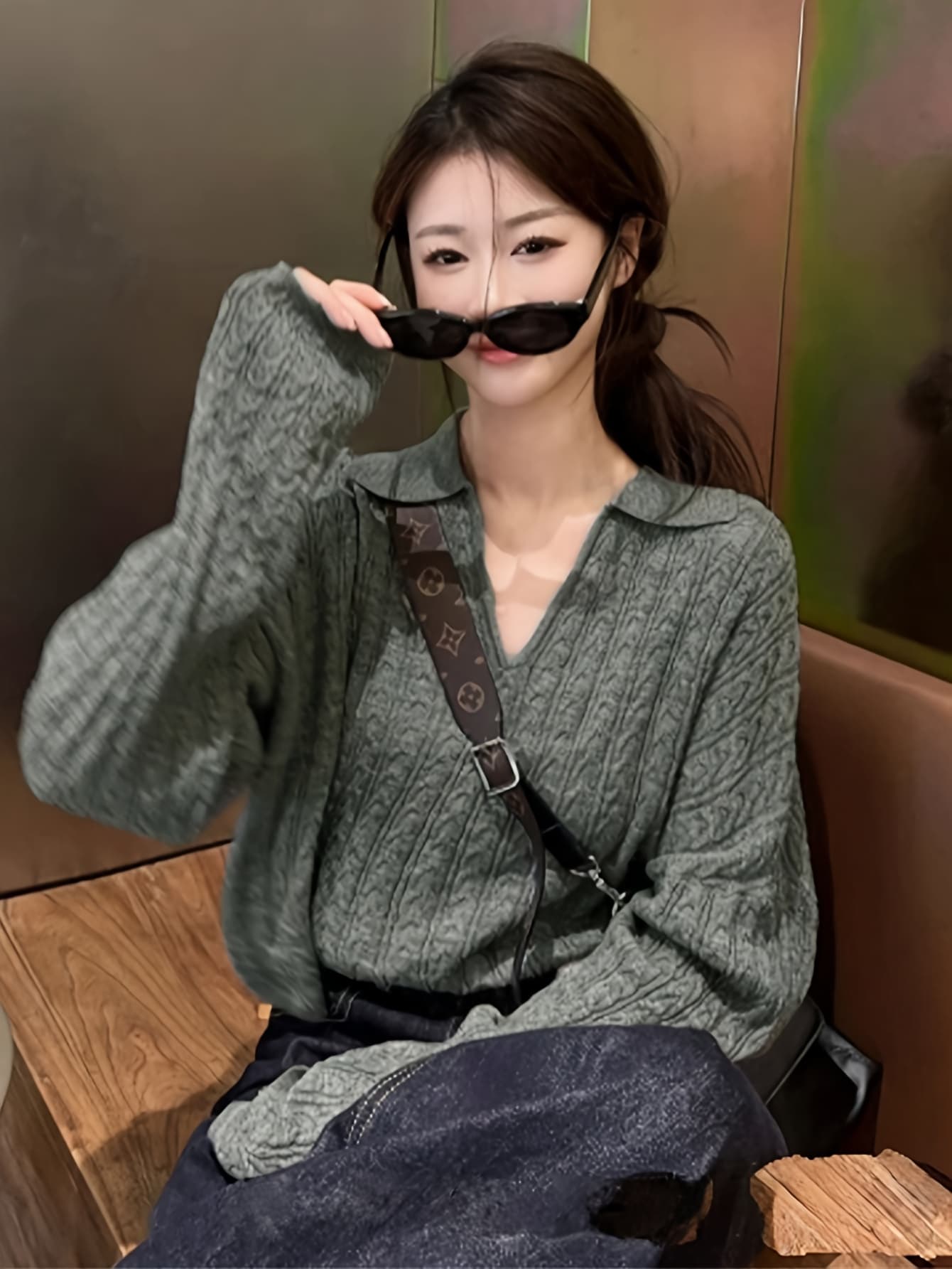 【全店通用25％OFFクーポン】【スキッパーニット】ニット セーター レディース ケーブル編み トップス 襟付き Ｖネック ポロネック プルオーバー 長袖 ゆったり オーバーサイズ ドロップショルダー 体型カバー 着痩せ 二の腕カバー 小顔効果 暖か｜大森麗萱
