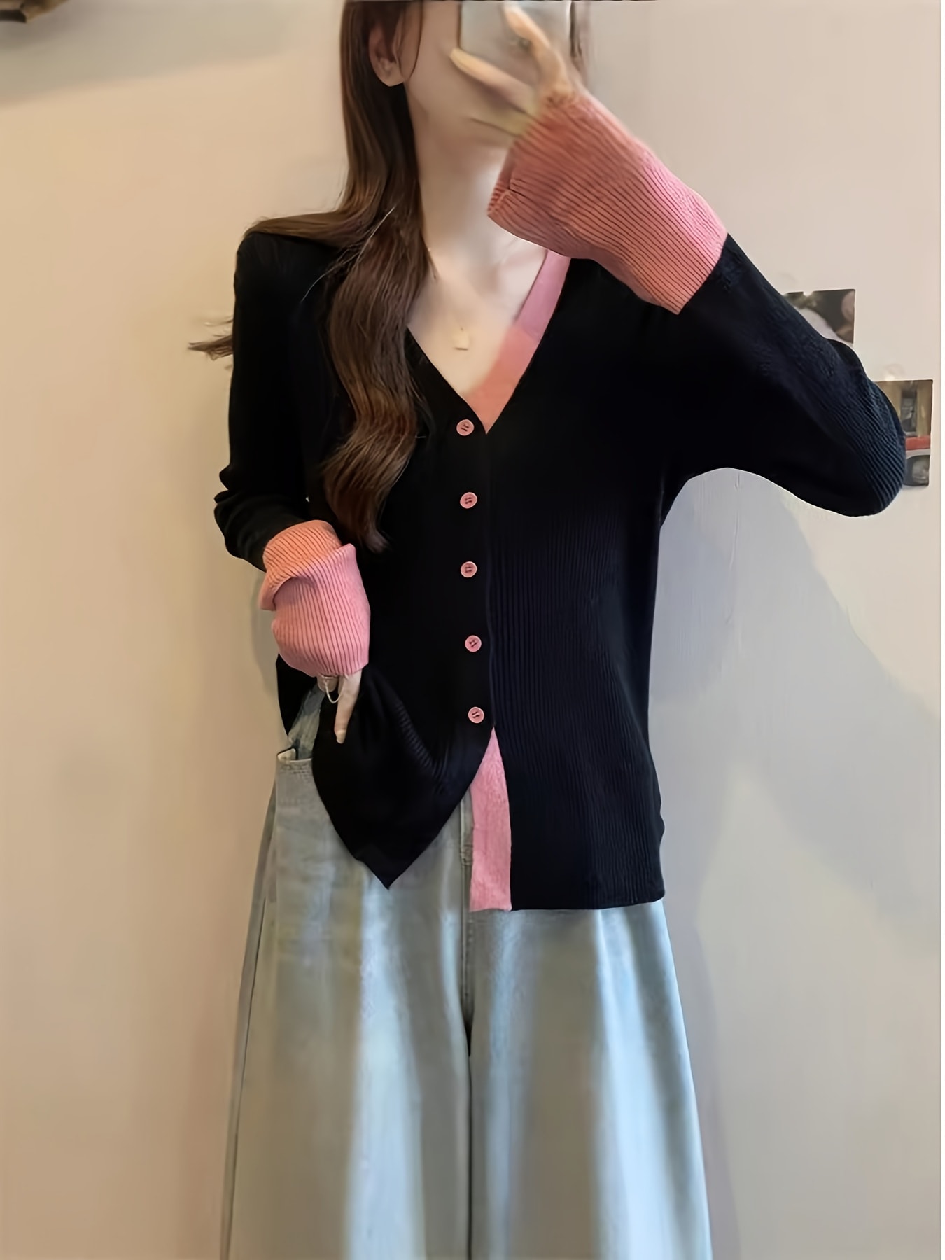 【全店30％OFF引き換え証】【バイ色合い】ジレー レディース 編み物 スウェーター トップス 色彩設計 Vのど首 前食い違い リブニット 長袖 羽織り ゆる編み物 ニットカーデ パステル色の 伸縮性 伸ばすこと ゆったり 体型押しかぶせる 着痩せ 細押し出し 二の腕河馬
